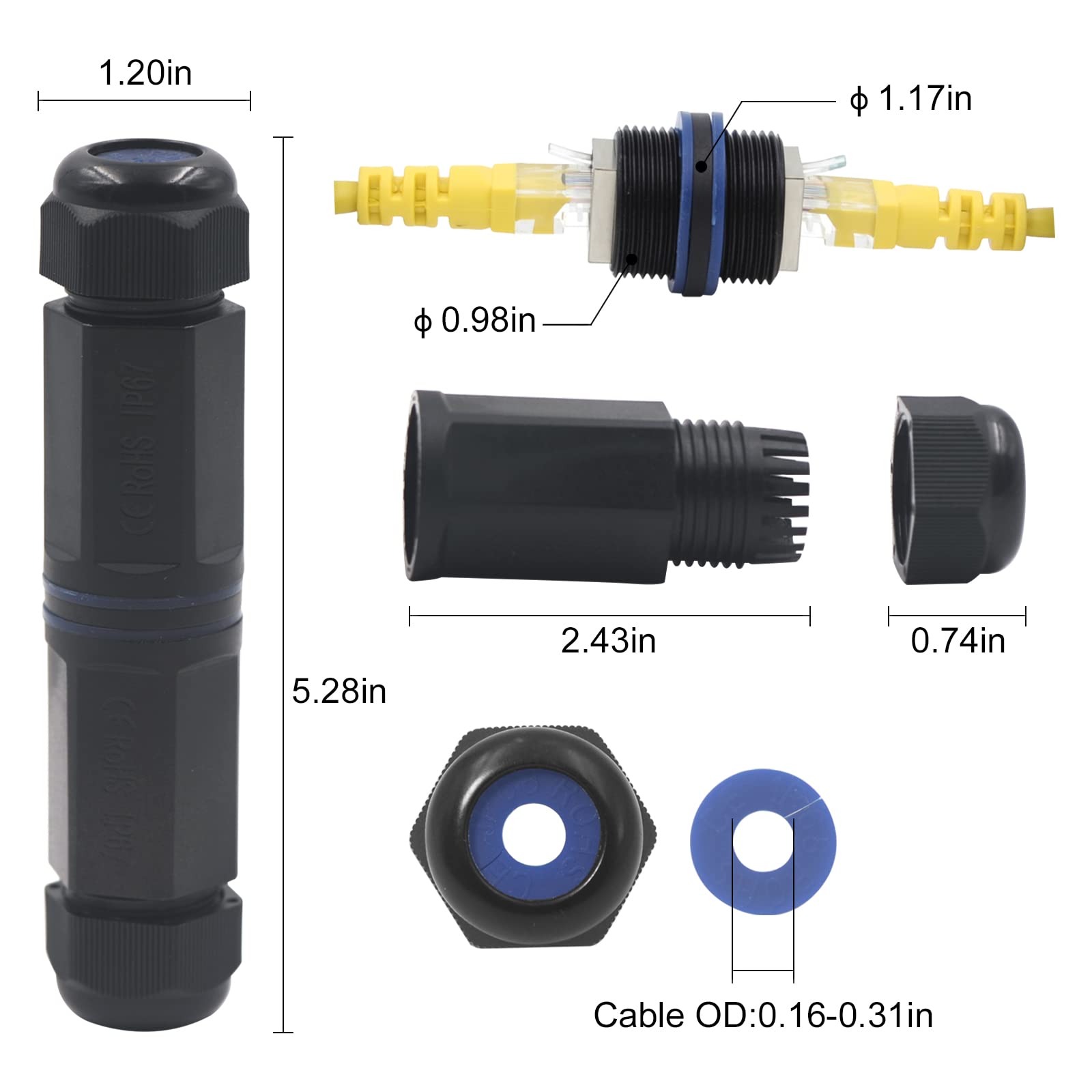 Vce Waterproof Rj45 Coupler Ip67, Cat6/Cat5E/Cat5 Female To Female Coupler Connector Shielded 8Pin For Outdoor Ethernet Lan Cabl