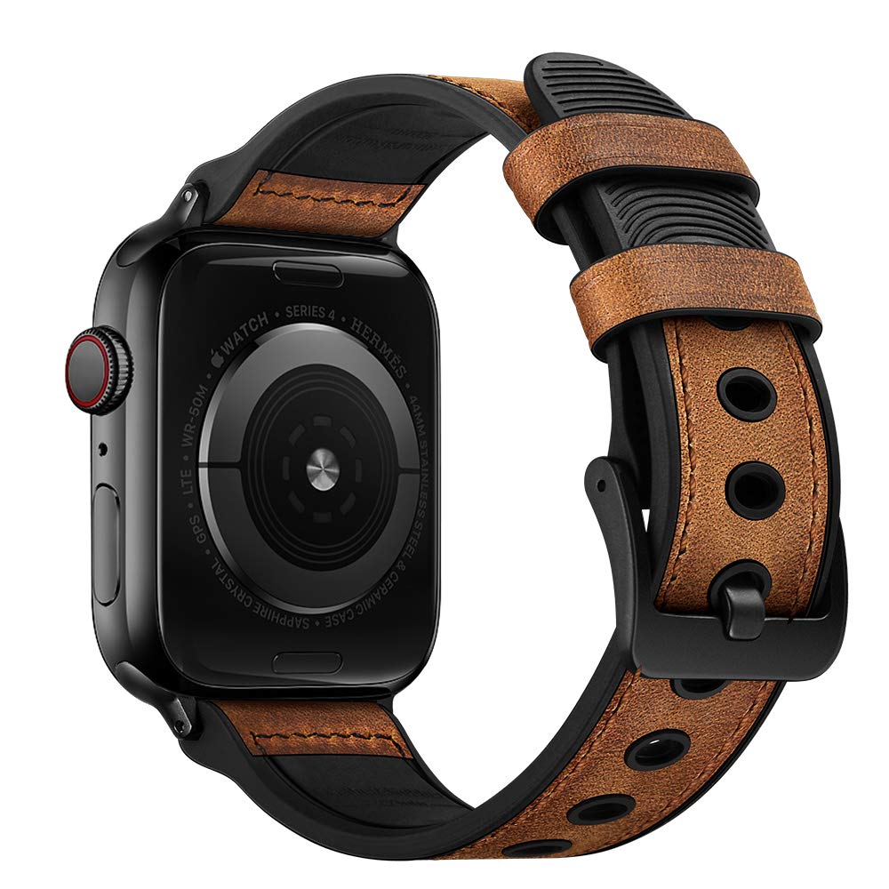 Ouheng Compatible With Apple Watch Band 49Mm/46Mm/45Mm/44Mm/42Mm Series 3 2 1, Sweatproof Genuine Leather And Rubber Hybrid Band