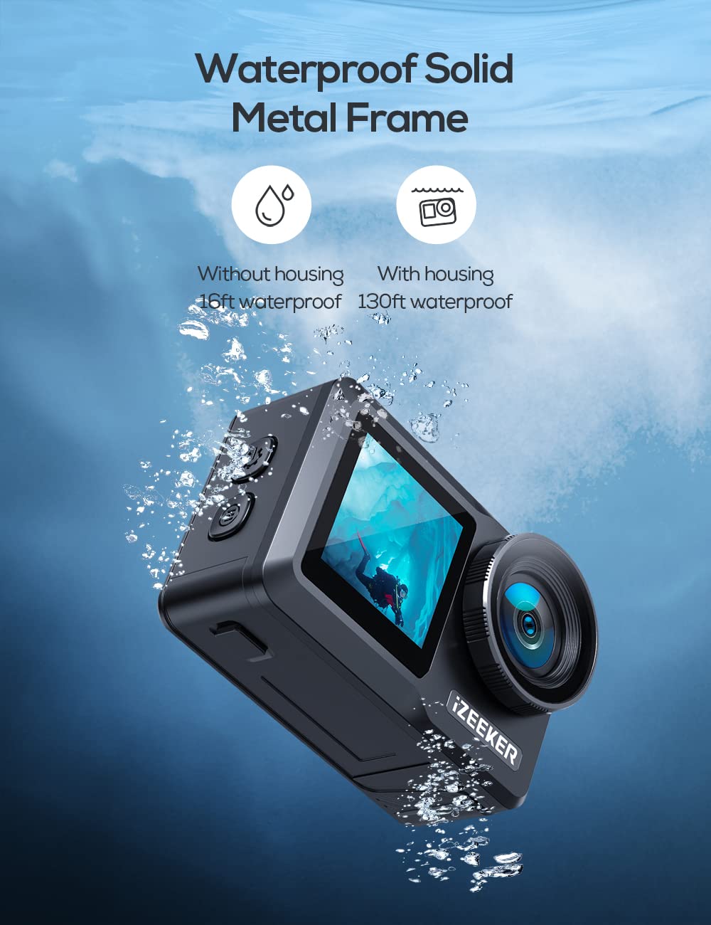 Izeeker Action Camera 4K 24Mp With Touchscreen, 40M Underwater Camera Waterproof, Dual Screen Vlog Camera With Eis3.0, Wifi, Rem
