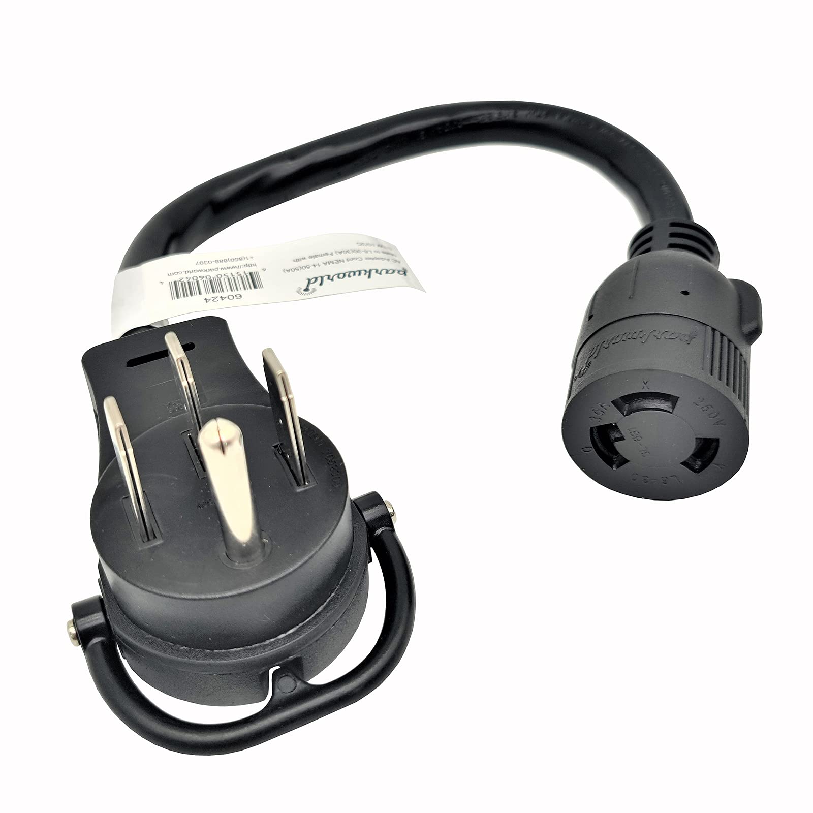 Parkworld 60424 Rv Adapter Cord 50 Amp 14 50P Male Right Angle To 30 Amp L6 30R Locking Connector Female (1.5Ft)