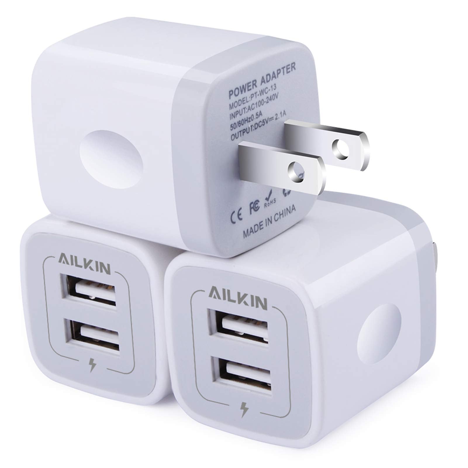 Wall Charger, 3Pack 5V/2.1A Ailkin 2 Port Usb Wall Charger Home Travel Plug Power Ac Adapter Fast Charging Block Cube For Iphone