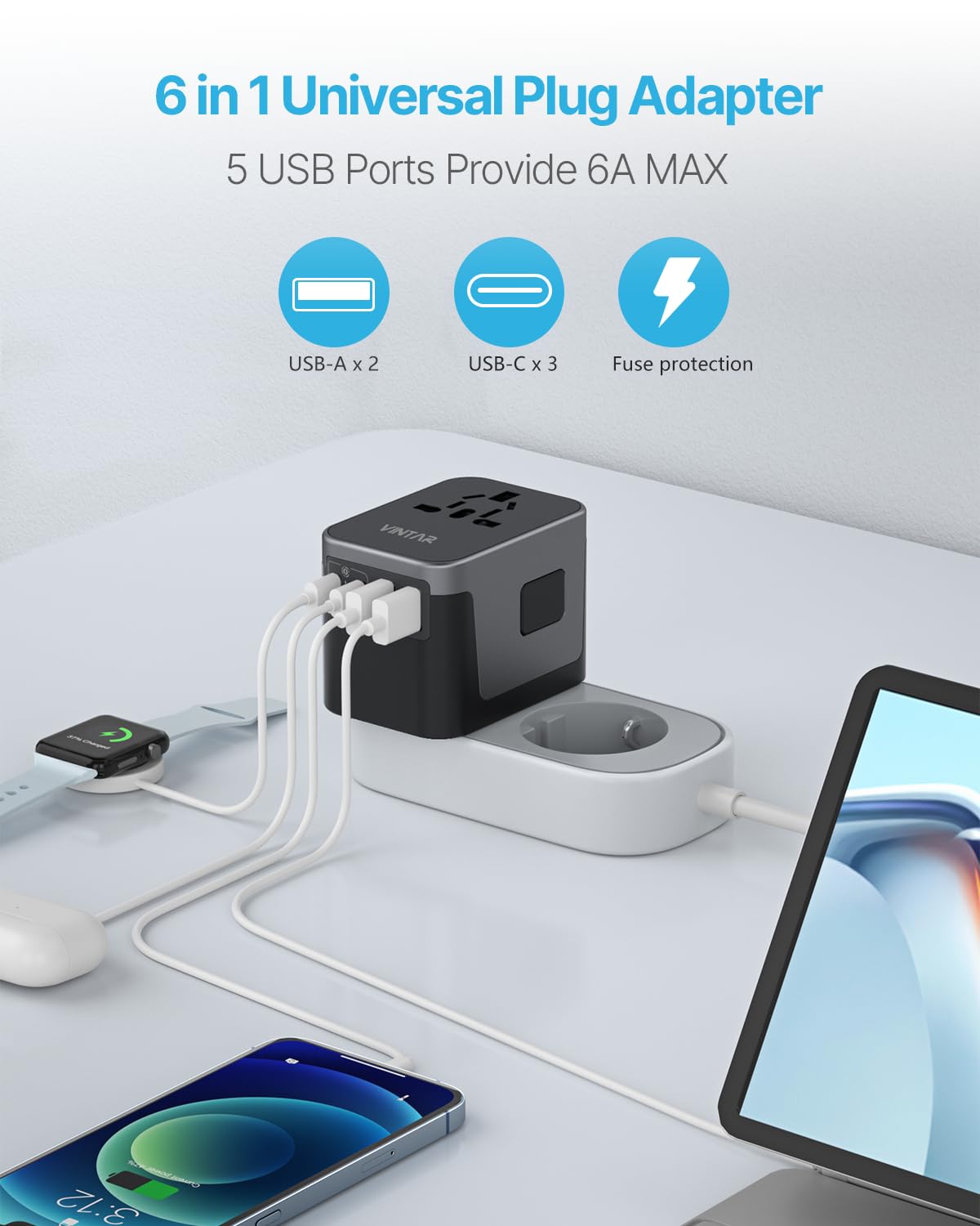 Universal Travel Adapter, Vintar International Power Adapter With 6A 3 Usb C And 2 Usb Ports, All In One Travel Essentials Plug