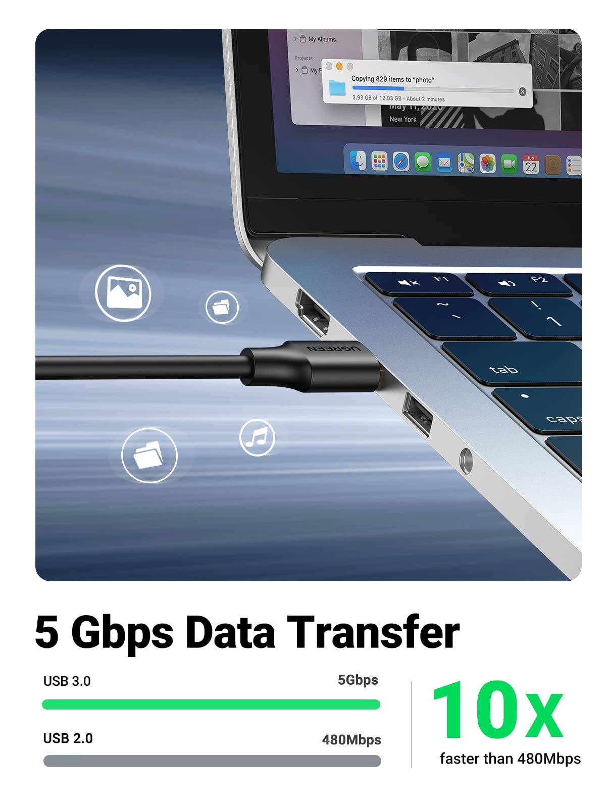 Ugreen Usb Extender, Usb 3.0 Extension Cable Male To Female Usb Cable High-Speed Data Transfer Compatible With Webcam, Gamepad,