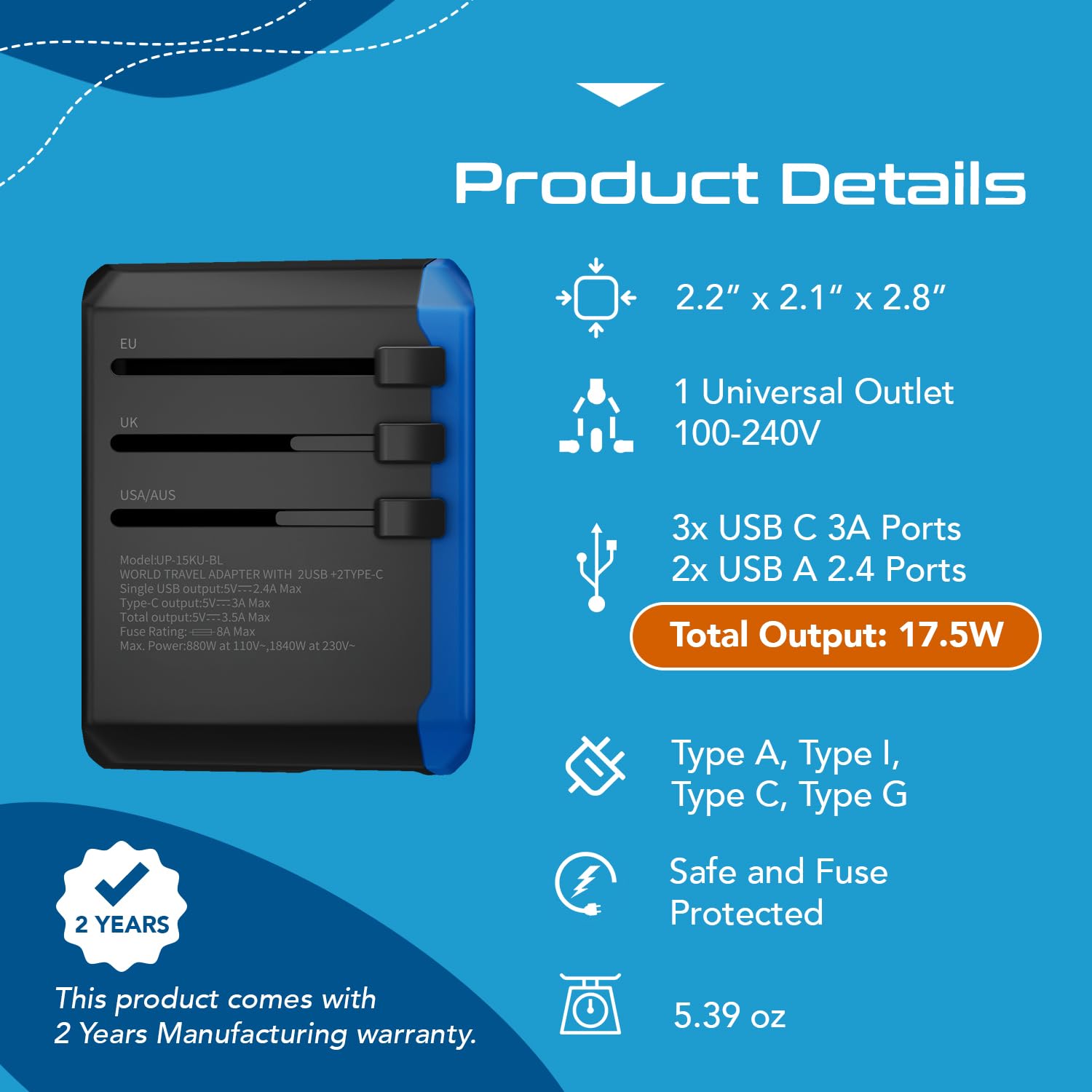 Ceptics Universal Travel Adapter, 5 In 1 Universal Laptop Charger With 2X Usb A & Usb C 3.5A For Mobiles, Laptops, Cameras Us, U