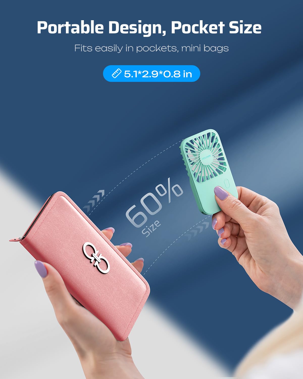 Otlonpe Mini Portable Handheld Fan, Small Rechargeable Pocket Travel Fan With Hand Held Desktop Modes, Foldable Stand, Lanyard,