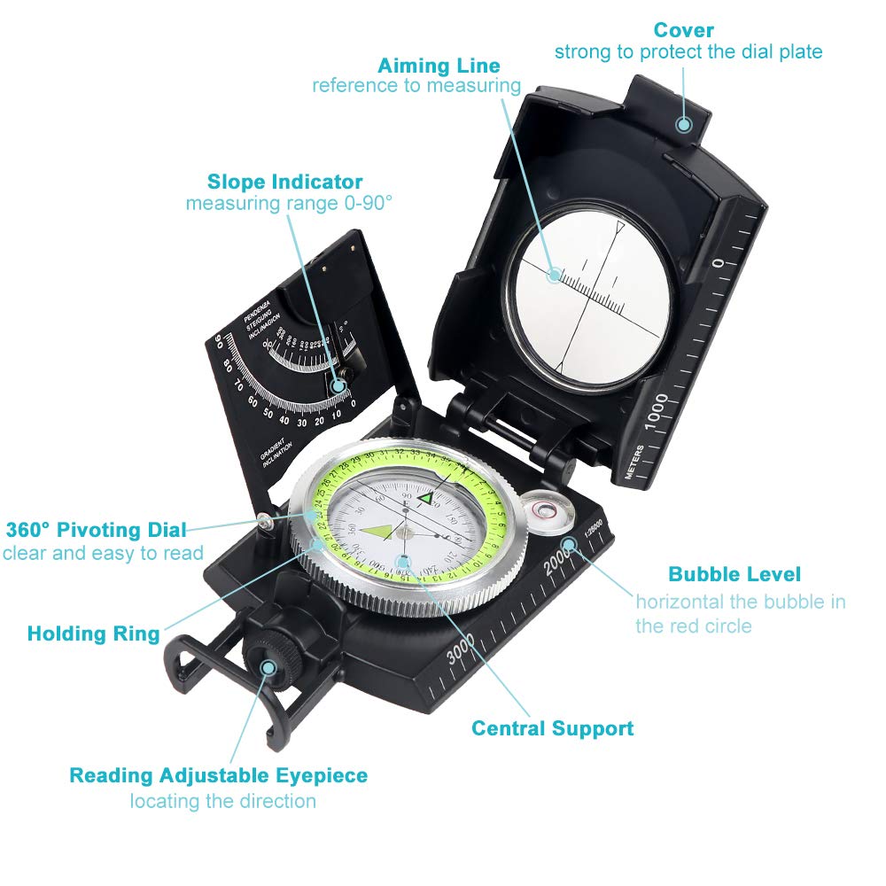 Bijia Professional Multifunctional Compass, All Metal Military Waterproof High Accuracy Compass With Inclinometer And Bubble Lev