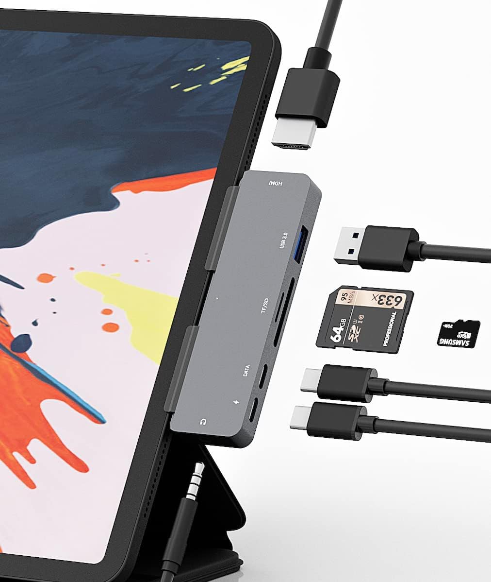 Adapter For Ipad Pro Usb C Hub 2024 M4 M2 M1 12.9 11 2022 2018/Ipad Air 4/5/6/Ipad Mini 6, 7In1 Usb C Adapter With 4K Hdmi,3.5Mm Jack,Usb3.0,Pd 60W,Sd/Tf,Usb C 3.0 Data,Ipad Accessories