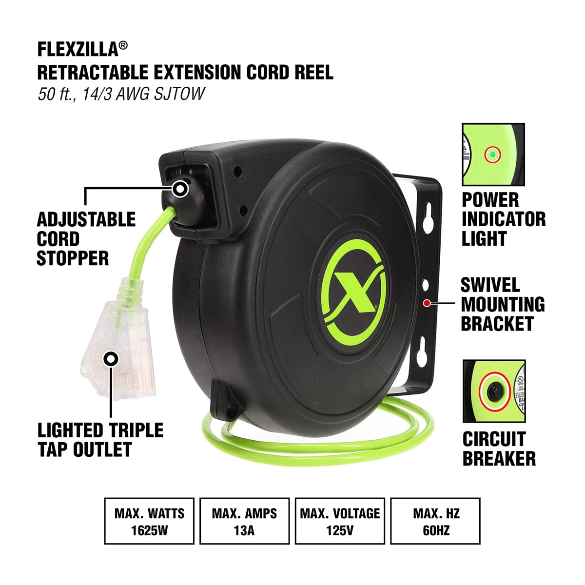 Flexzilla Retractable Extension Cord Reel 50' 14/3 Awg Sjtow Grounded Triple Tap Outlet Indoor/