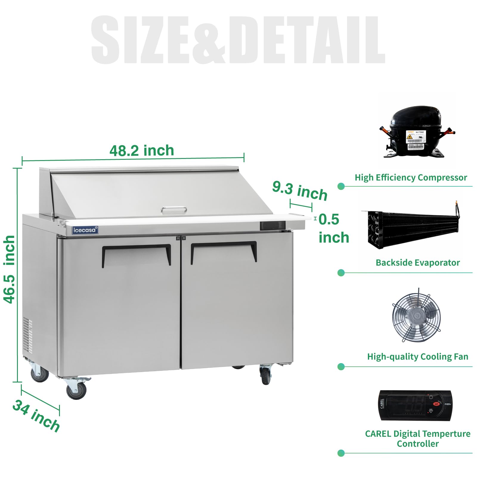 Icecasa 48'' W Commercial Refrigerator Sandwich&Salad Prep Table Mega Top Single Door Stainless Steel Counter Fan Cooling Refrig