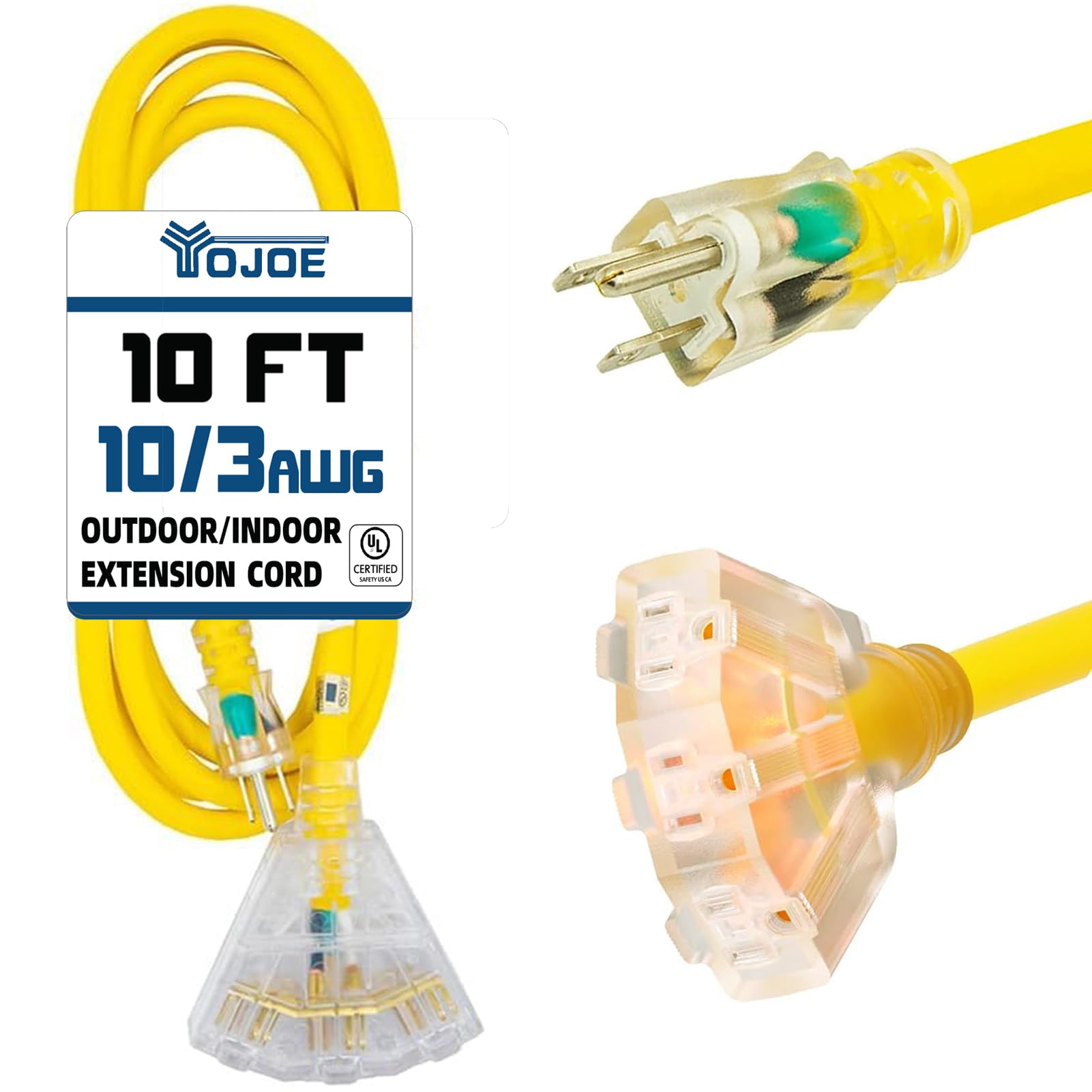 Yojoe 3 Outlets Indoor Outdoor Extension Cord With Lighted End, 3 Prong 15A Weatherproof Power Cord, 10 Gauge Heavy Duty 10 Ft Y