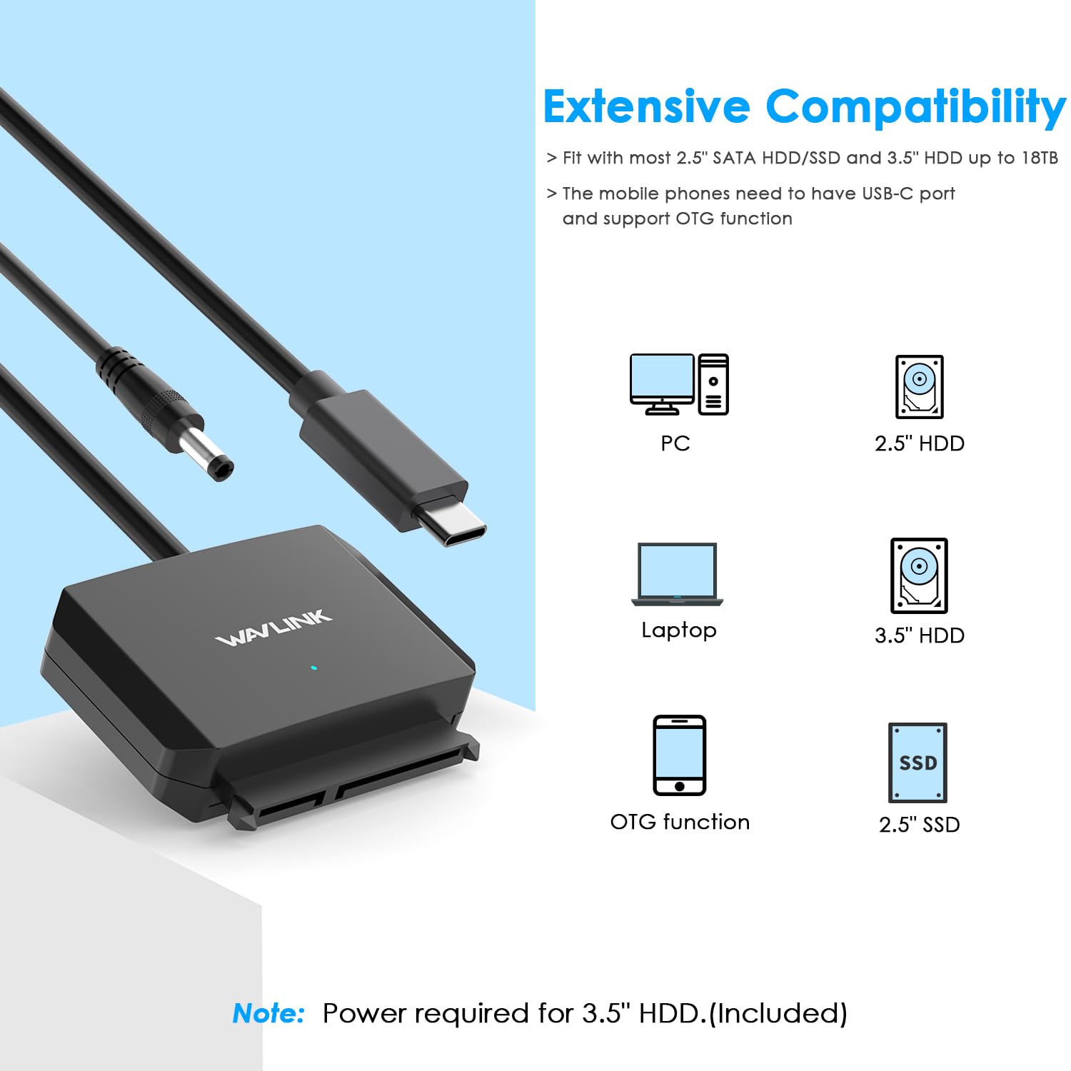 Wavlink Sata To Usb Type C Hard Drive Cable, 5Gbps Usb C To Sata Cable Support Uasp, External Hard Drive Sata I/Ii/Iii Connector