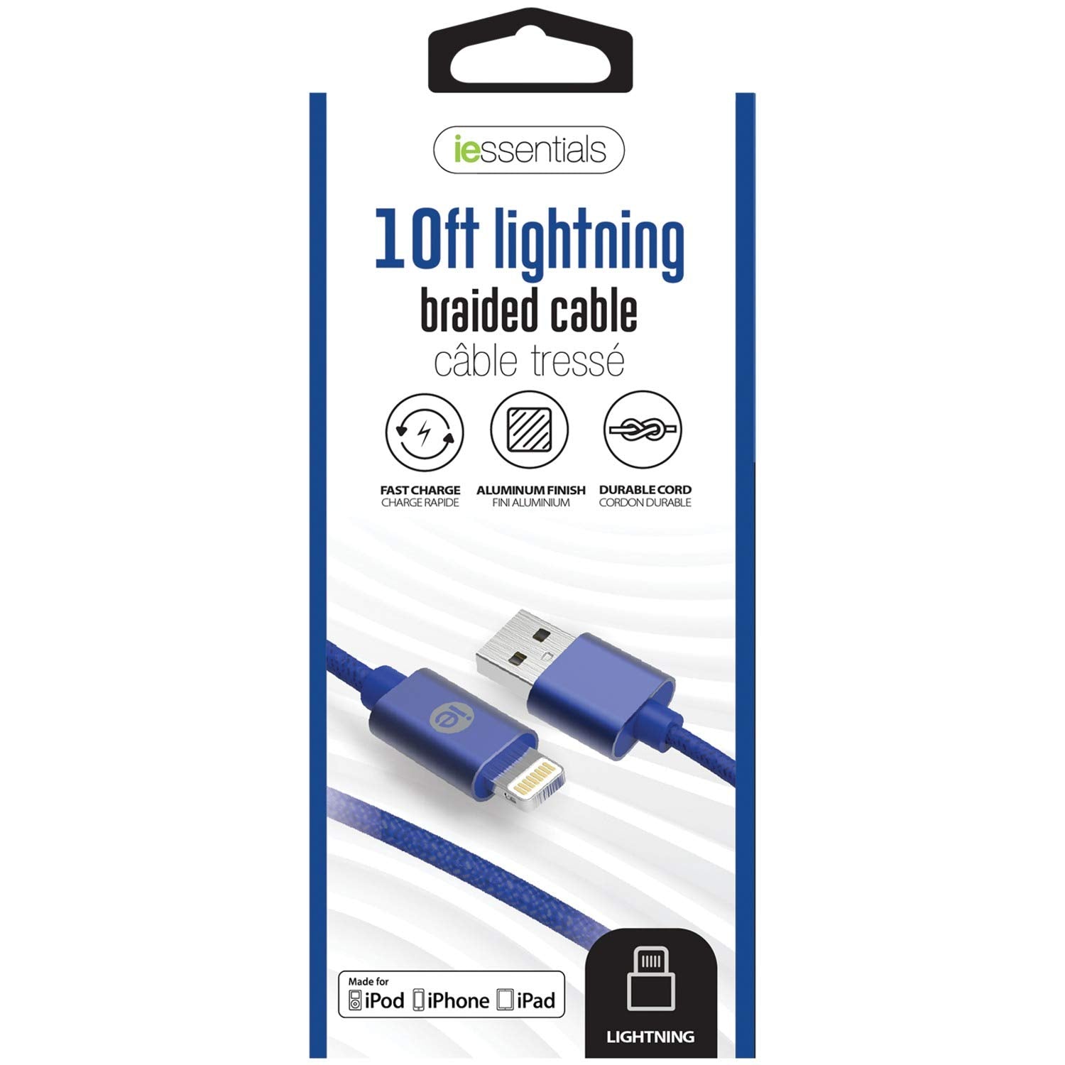 Iessentials Ien-Bc10L-Bl Charge & Sync Braided Lightning To Usb Cable, 10Ft (Blue)