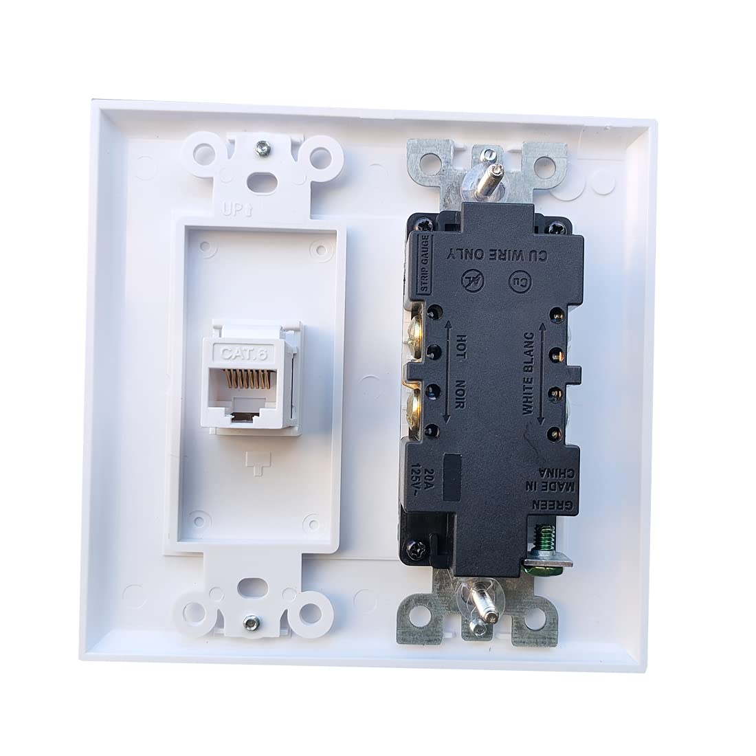 Boplat 2 Gang Power Outlet With 1 Cat6 Ethernet Port   20A Electrical Outlet Cover Plate With 1 Cat6 Rj45 Keystone Jack   White
