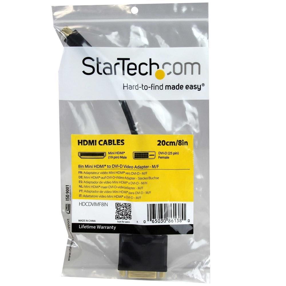 Startech.Com 8In Mini Hdmi To Dvi-D Adapter M/F - 8 Inch Mini Hdmi To Dvi Cable - Connect A Mini Hdmi Tablet Or Laptop To A Dvi-