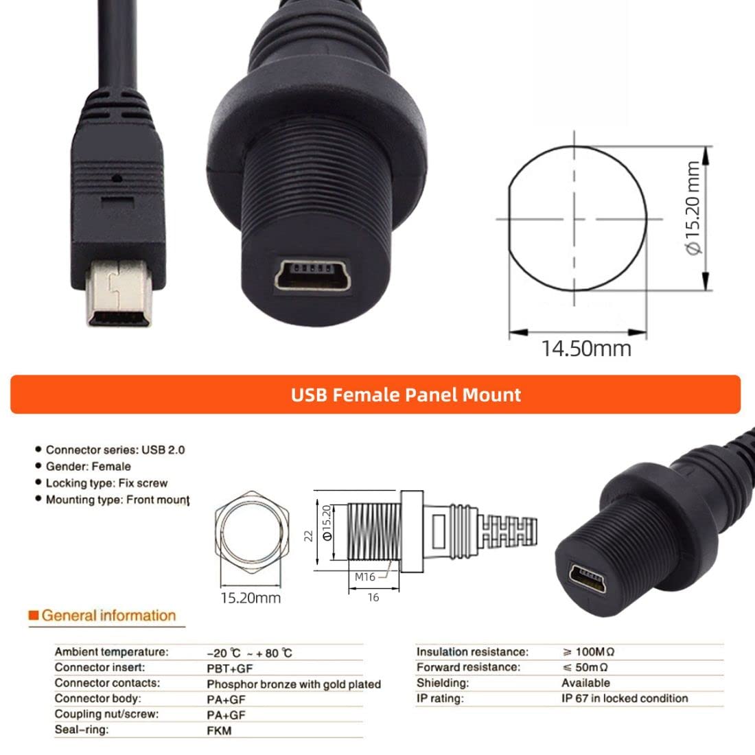 Chenyang Mini Usb 5Pin Flush Mount Male To Female Extension Cable For Car Dashboard Panel Mount Waterproof Dustproof