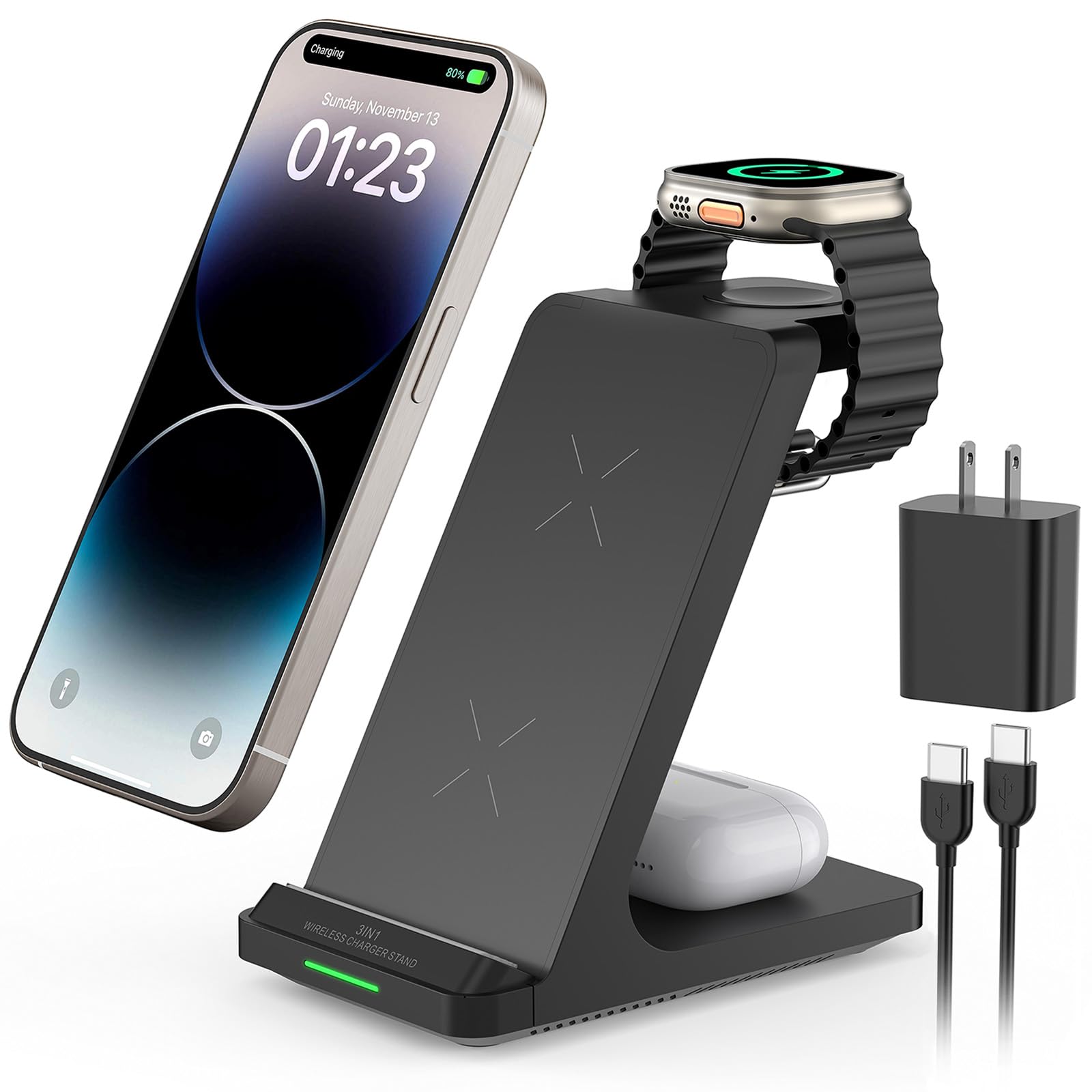 Wireless Charging Station, 3 in 1 Fast Wireless Charger Stand for Multiple Devices Apple Watch Ultra Series 9 8 7 6 SE 5 4 3 2, 
