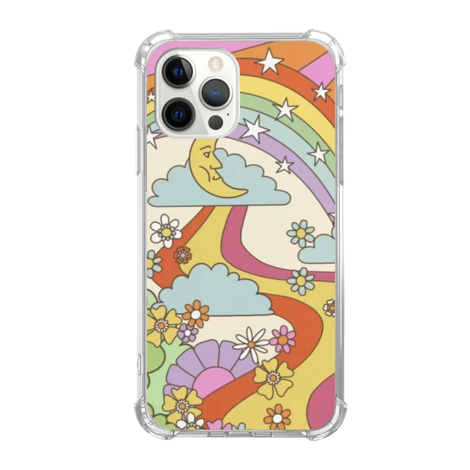 Widofvspky Rainbow Flowers Peace Signs 70'S Retro Pattern Phone Case Compatible With Iphone 12/12 Pro, Retro Hippie Boho Rainbow