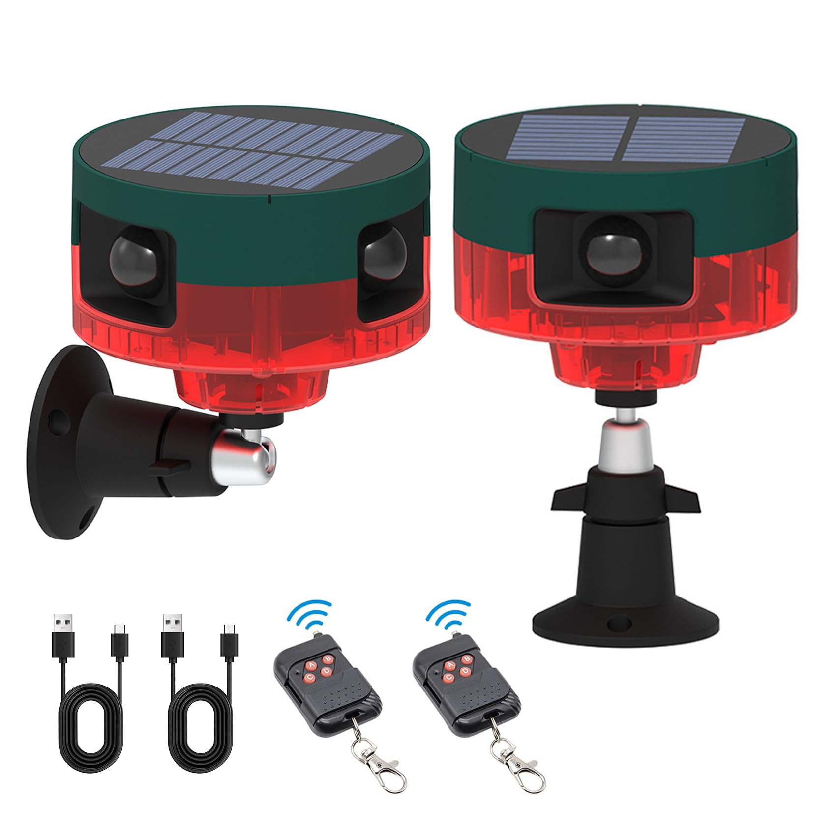 Chunhee Solar Motion Sensor Alarm Outdoor, Dog Barking & Gunshot Sounds & Recording, 360�Motion Detector Alarm,129Db Loud Siren,3 Work Modes Activated Strobe Light With Remote 2Pack