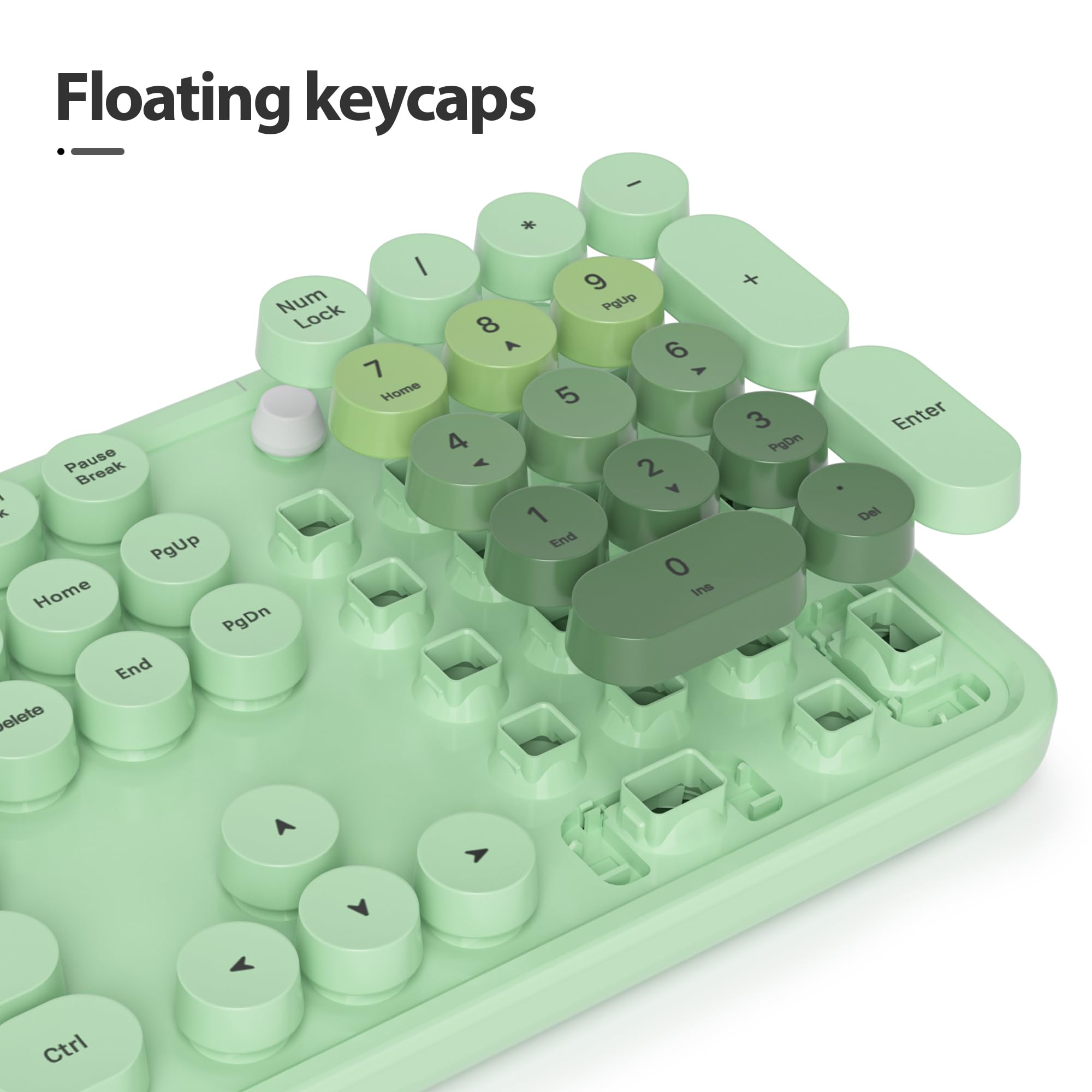 Owpkeenthy Typewriter Green Cute Keyboard With Floating Round Keys, Full Size Wired Retro Keyboard Click Feeling With Foldable S