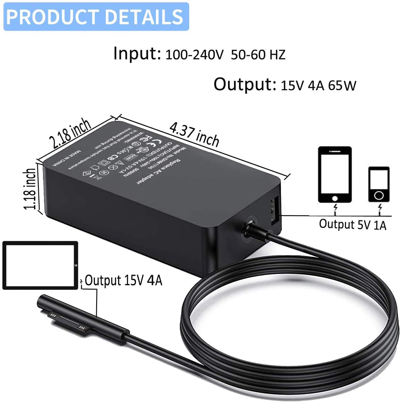 Surface Pro Charger 65W 15V 4A Surface Laptop Charger Replacement For Microsoft Surface Pro X/9/8/7/6/5/4/3 Surface Laptop1/2/3/