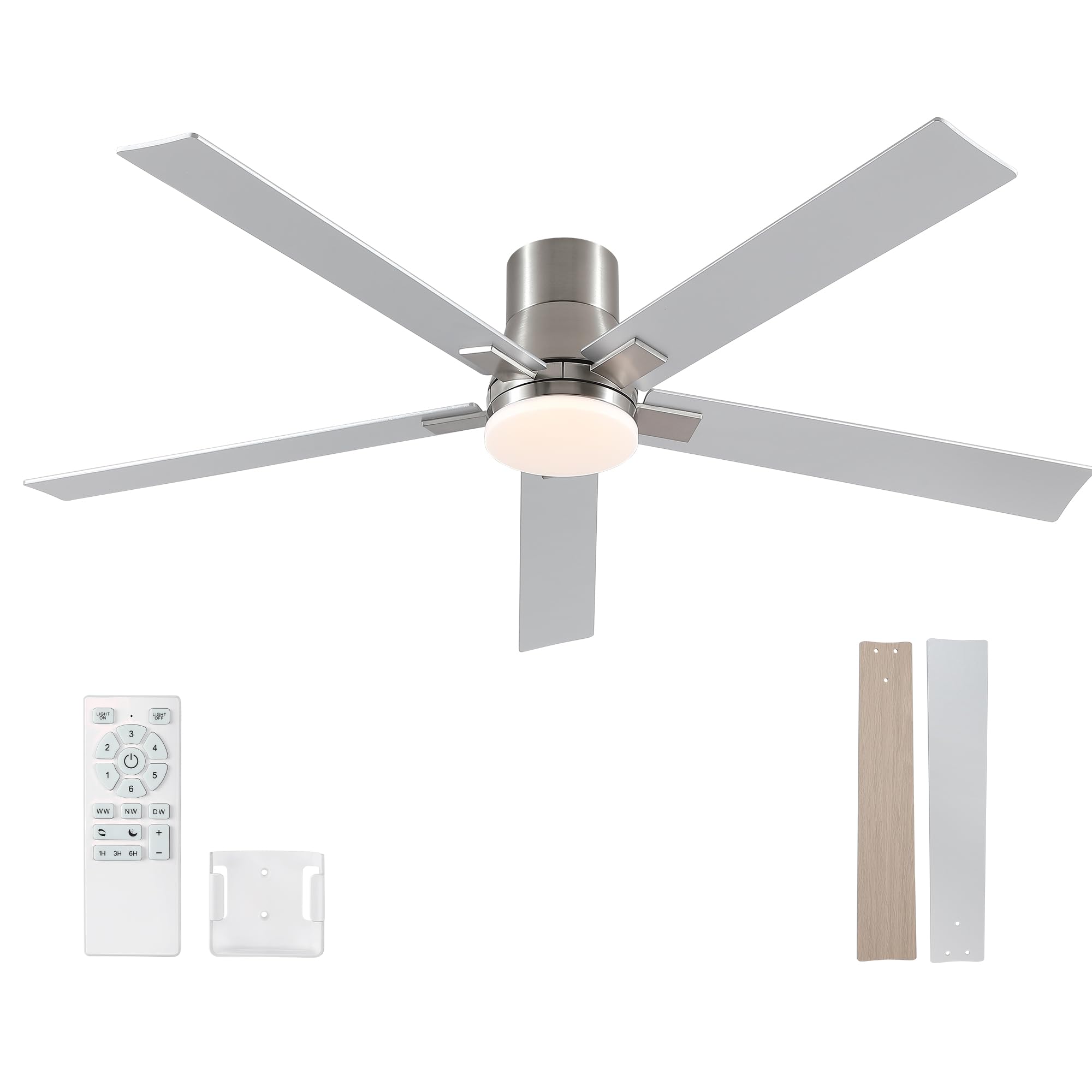 60 Inch Ceiling Fans With Lights And Remote,Flush Mount Silver Ceiling Fan With 5 Blades,6 Speed Reversible Dc Motor,3Cct Dimmab