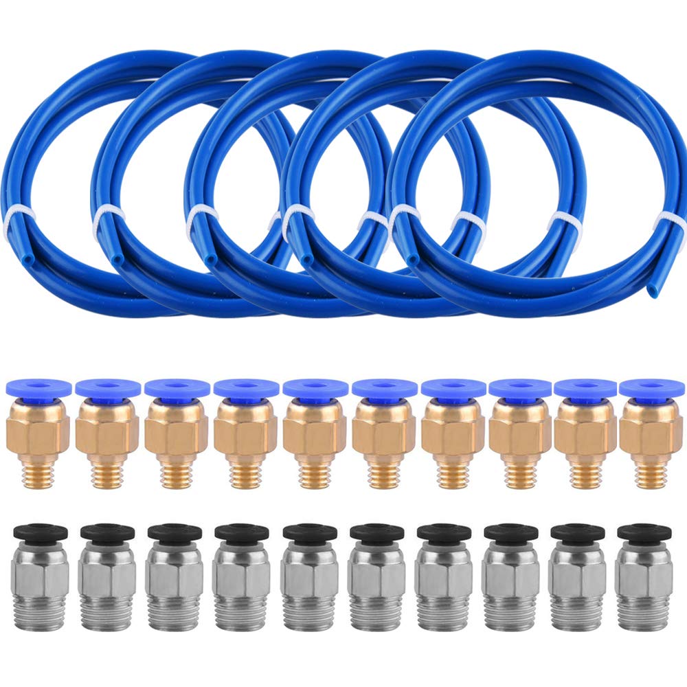 Siquk 5 Pieces Teflon Tube Blue Ptfe Tubing (1M) With 10 Pieces Pc4 M6 Fittings And 10 Pieces Pc4 M10 Fitting Connector For 3D P
