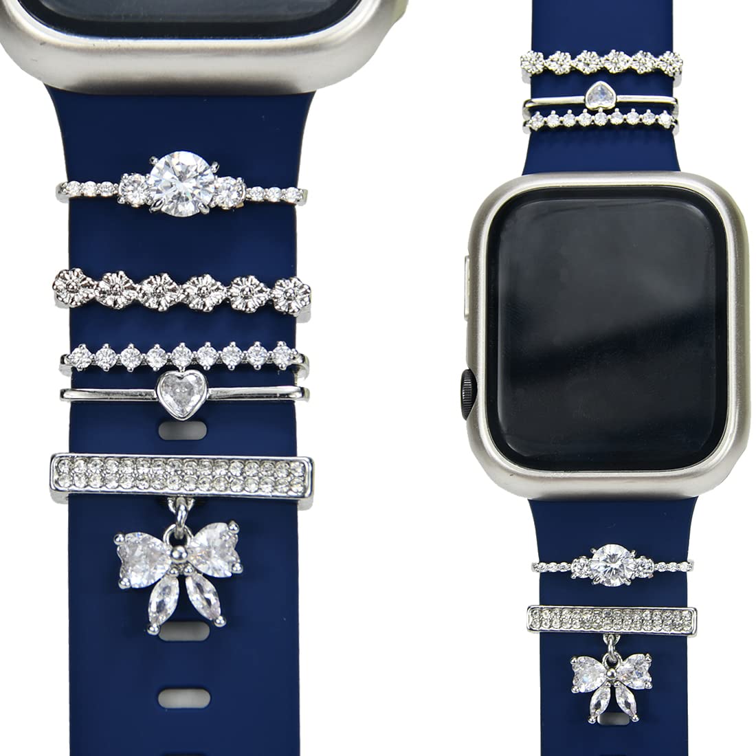 Sunoreek Silver Watch Band Charms For Apple Women, Iwatch Bands Charms , Heart Decorative Rings Loops For Apple Watch Silicone B