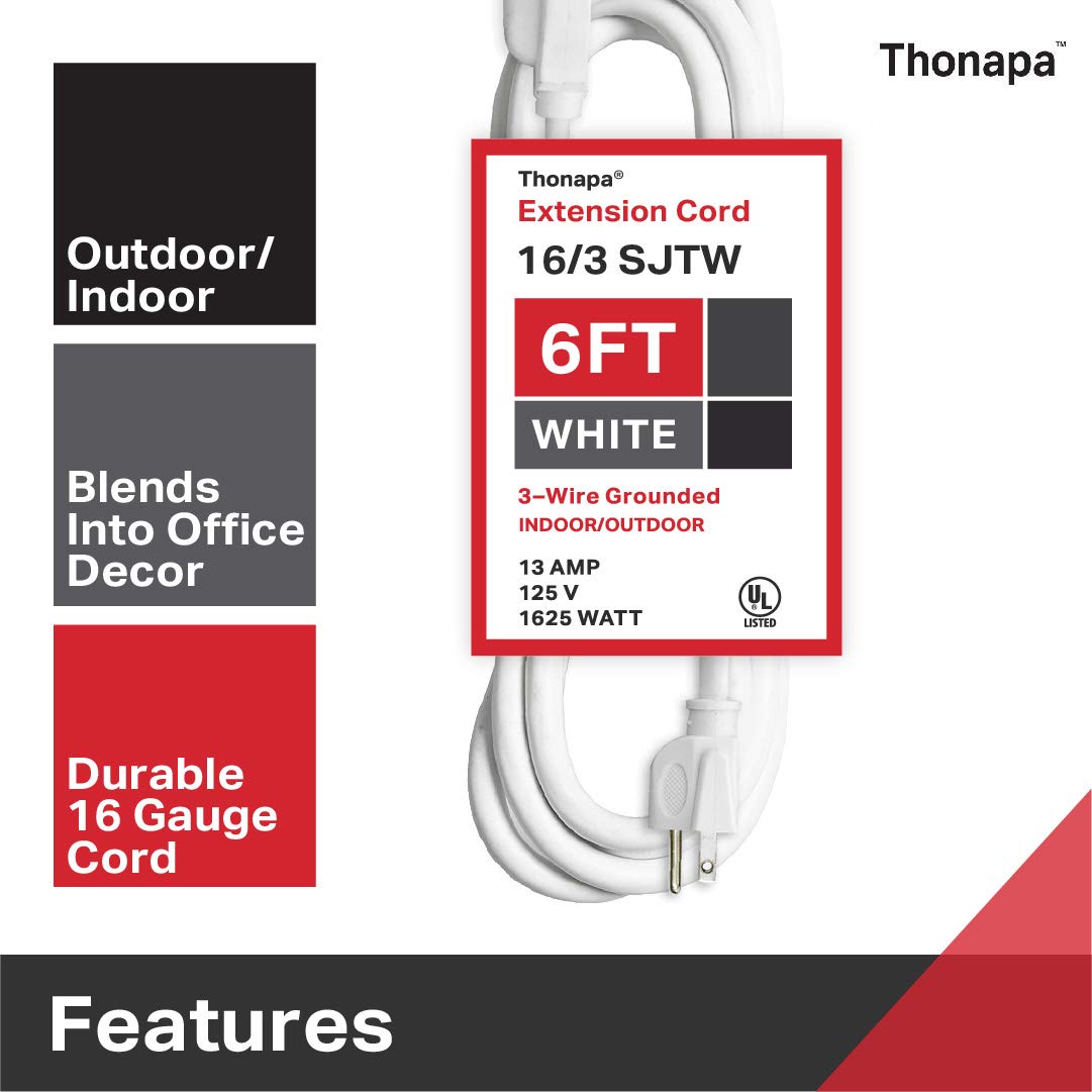 Thonapa 2 Pack White Extension Cord 6 Ft, 16/3 Sjtw Weatherproof Indoor & Outdoor Extension Cord 3 Prong Grounded Plug, Heavy Du