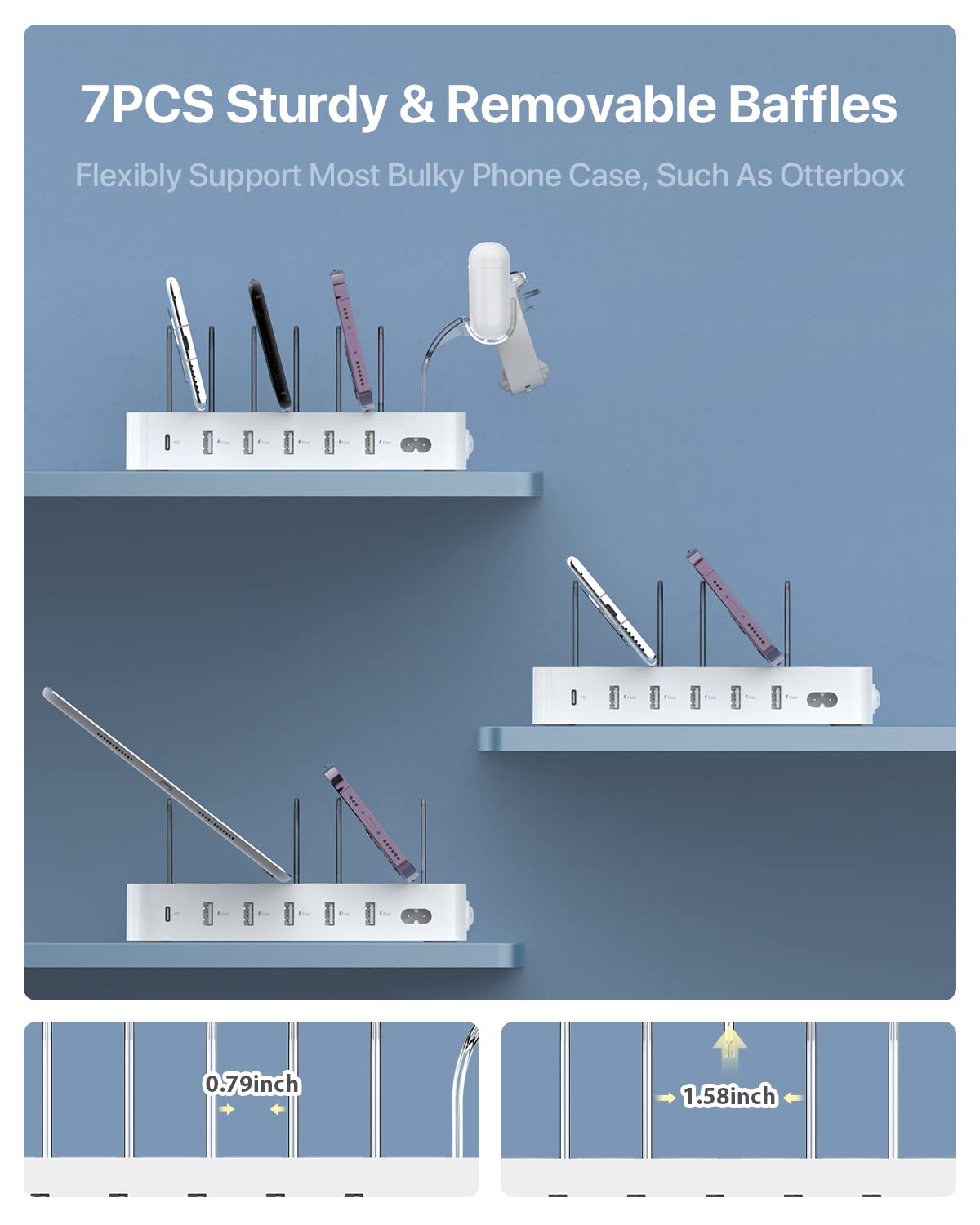 Soopii 60W 6 Port Charging Station For Multiple Devices, Pd 20W Usb C Fast Charging For Lphone 14/13/12,6 Short Cables Included,