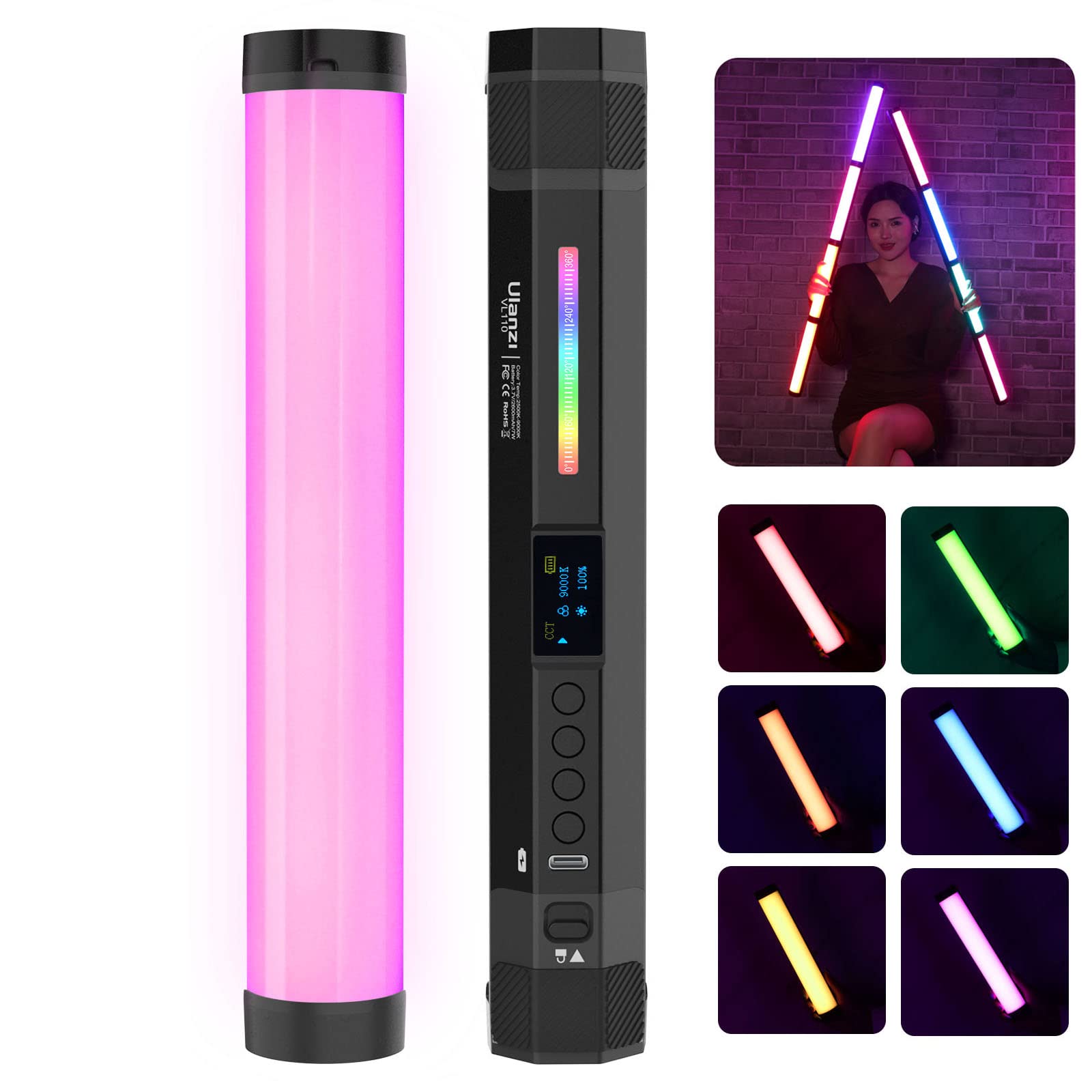 Ulanzi Vl110 Rgb Light Wand, Handheld Light Stick Camera Led Video Tube Light Bar, 2500 9000K Dimmable, 2600Mah Battry Cri 95+ With Magnetic Attraction For Photography Vlog Tik Tok