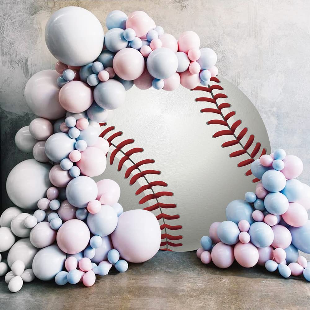 Dorcev Diameter Baseball Birthday Round Backdrop Cover Red White Sports For Boy Kids Athlete Newborn Gender Reveal Party Photogr