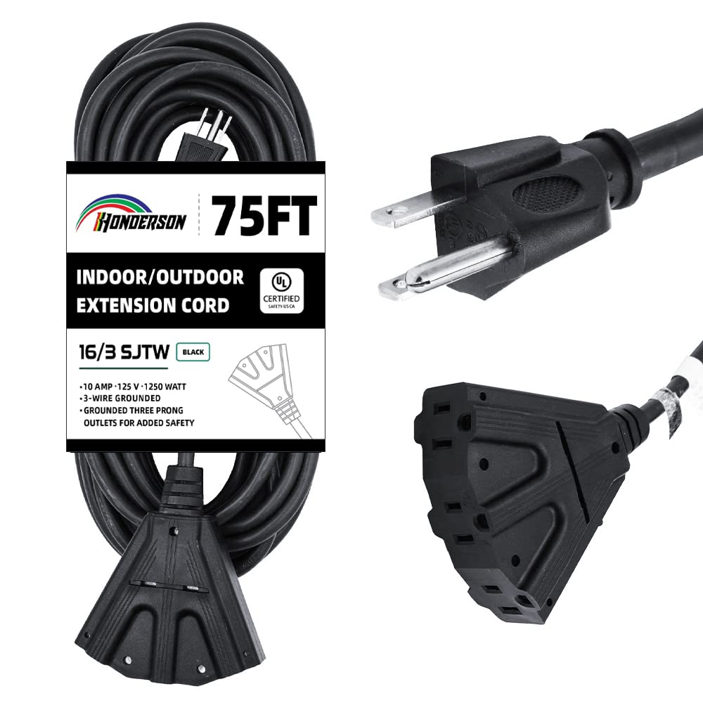 Honderson 3 Outlets Indoor Outdoor Extension Cord Weatherproof, Ul Listed, 16 Gauge 75Ft Black 3 Prong Heavy Duty, 16/3 Sjtw 10A