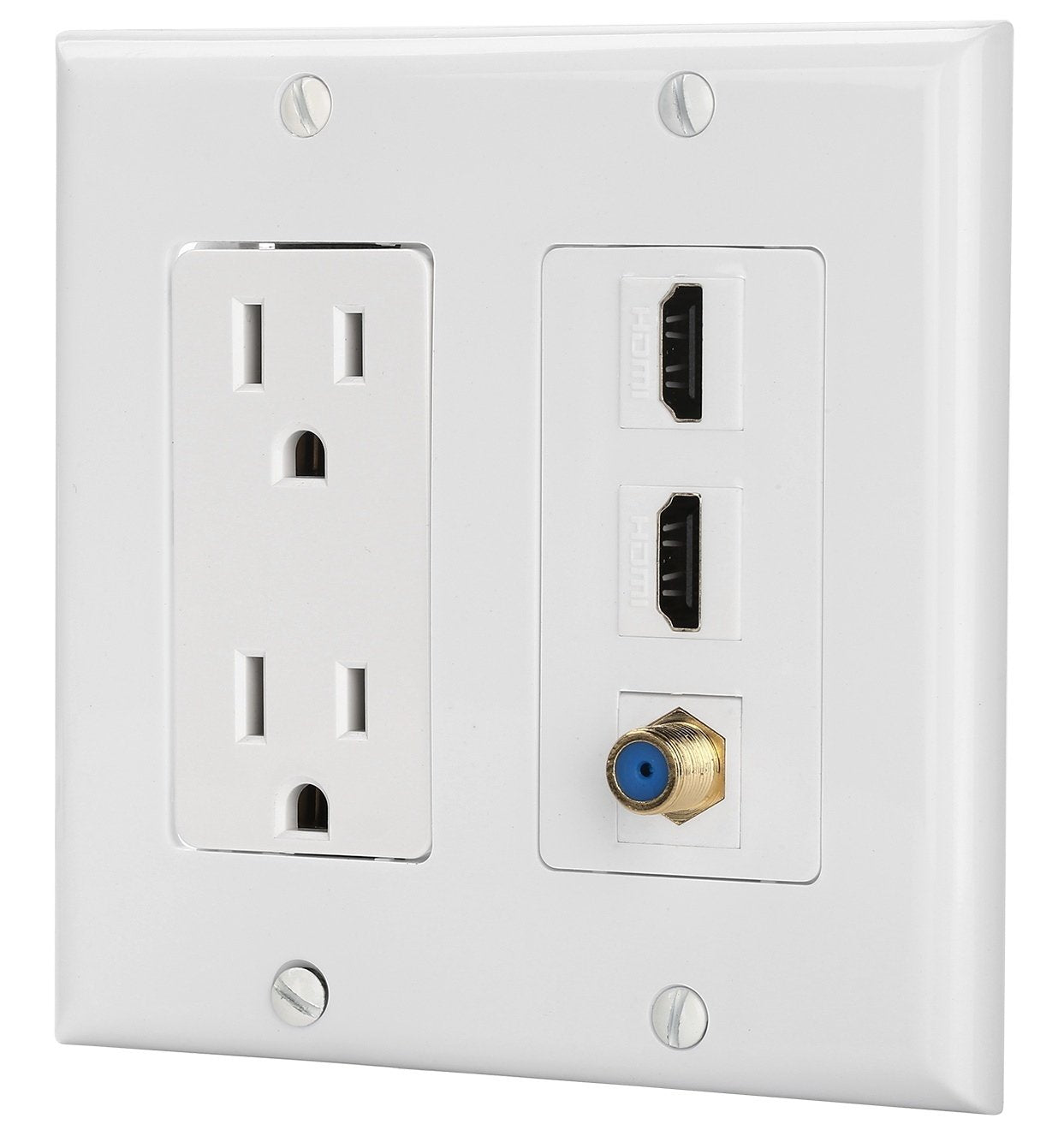 Ibl 15A Power Outlet, 2 Port Hdmi, 1 Coax Cable Tv Gold Plated F Type   Wall Plate In White