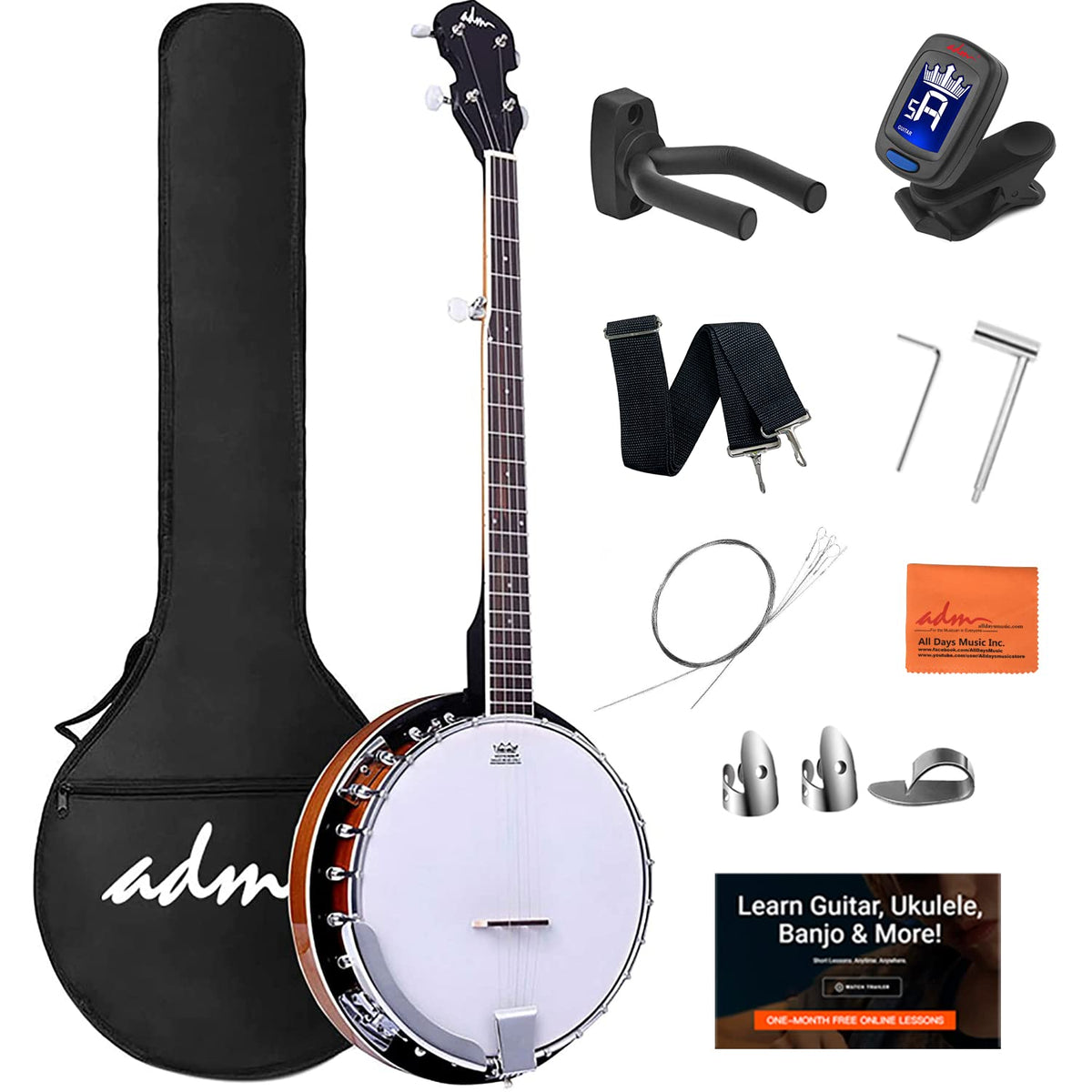 Adm 5 String Full Size Banjo Guitar Kit With Remo Drum Head And Geared 5Th Tuner, 24 Bracket Beginner Banjoe Set Gift Package Wi