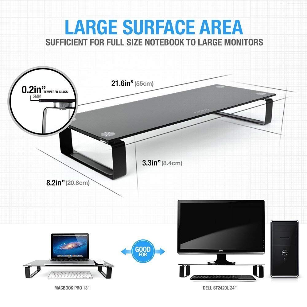 Eutuxia Type S Black Tempered Glass Monitor Stand, Tv, Laptop, Computer, All In One Desktop, Printer Riser [21.75 X 8.25 X 3.25 Inches]