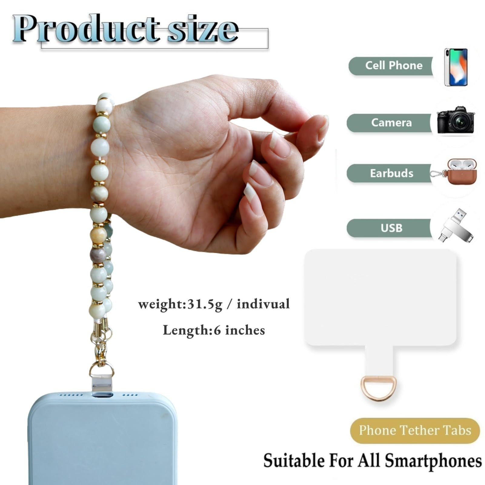 Lostars Marble Beaded Iphone Wrist Strap,Detachable Phone Bracelet Strap With Tether Tab,Hands Free Phone Wristlet Strap (Amazon