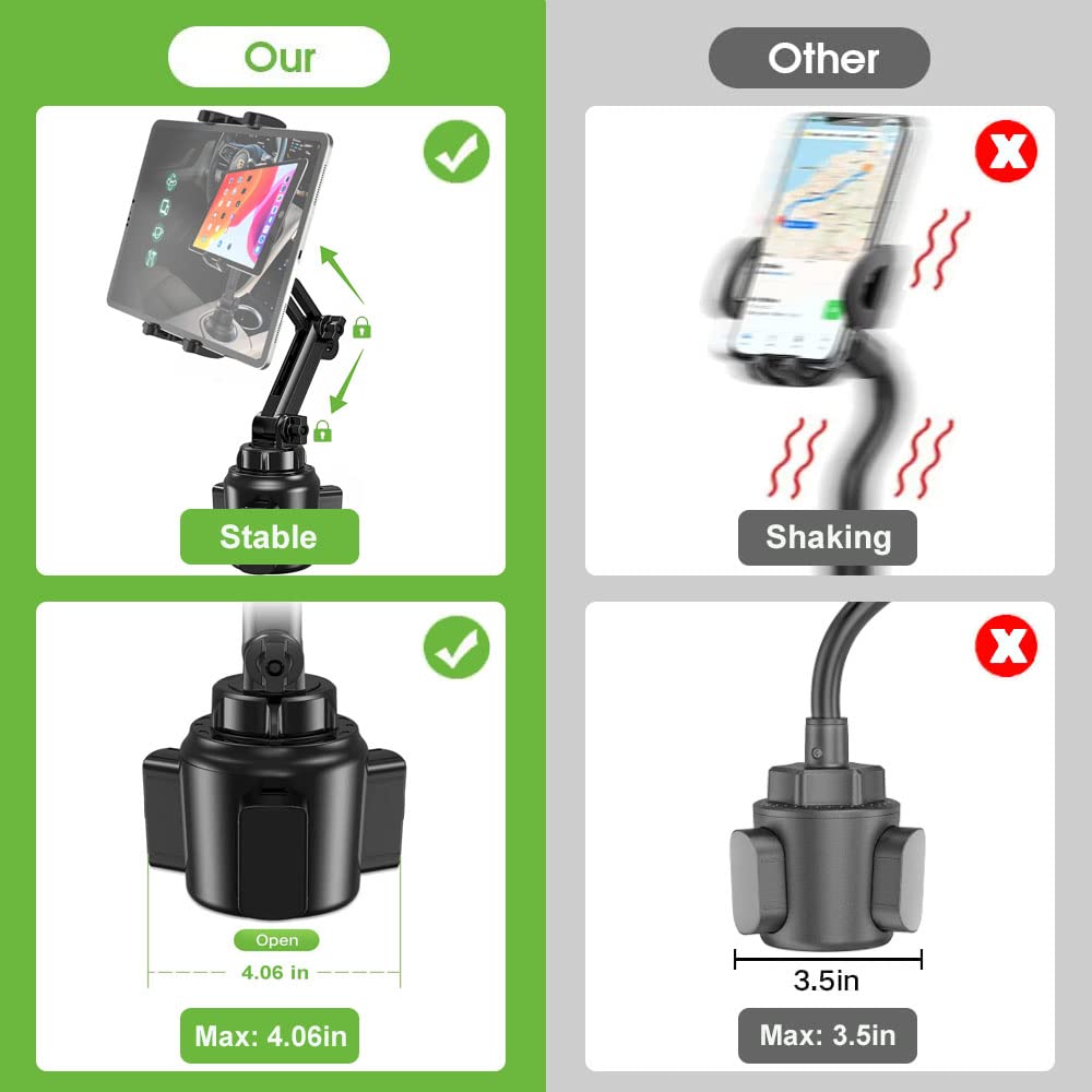 Cuxwill Car Cup Holder Tablet Mount for 4-13 Devices, Adjustable Arm for iPad Pro, Samsung Galaxy, Kindle Fire - Black, 31*14*7cm