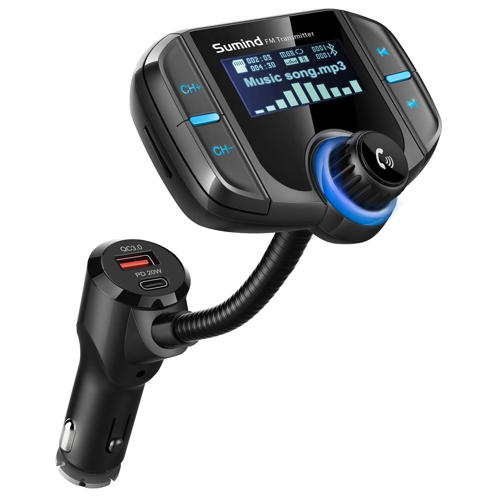 Upgraded Bluetooth Fm Transmitter, Wireless Radio Adapter Hands Free Car Kit With 1.7'' Display, Qc3.0 And Smart 2.4Amp Dual Usb Ports, Aux Input/Output, Tf Card Mp3 Player (Pd, Black)