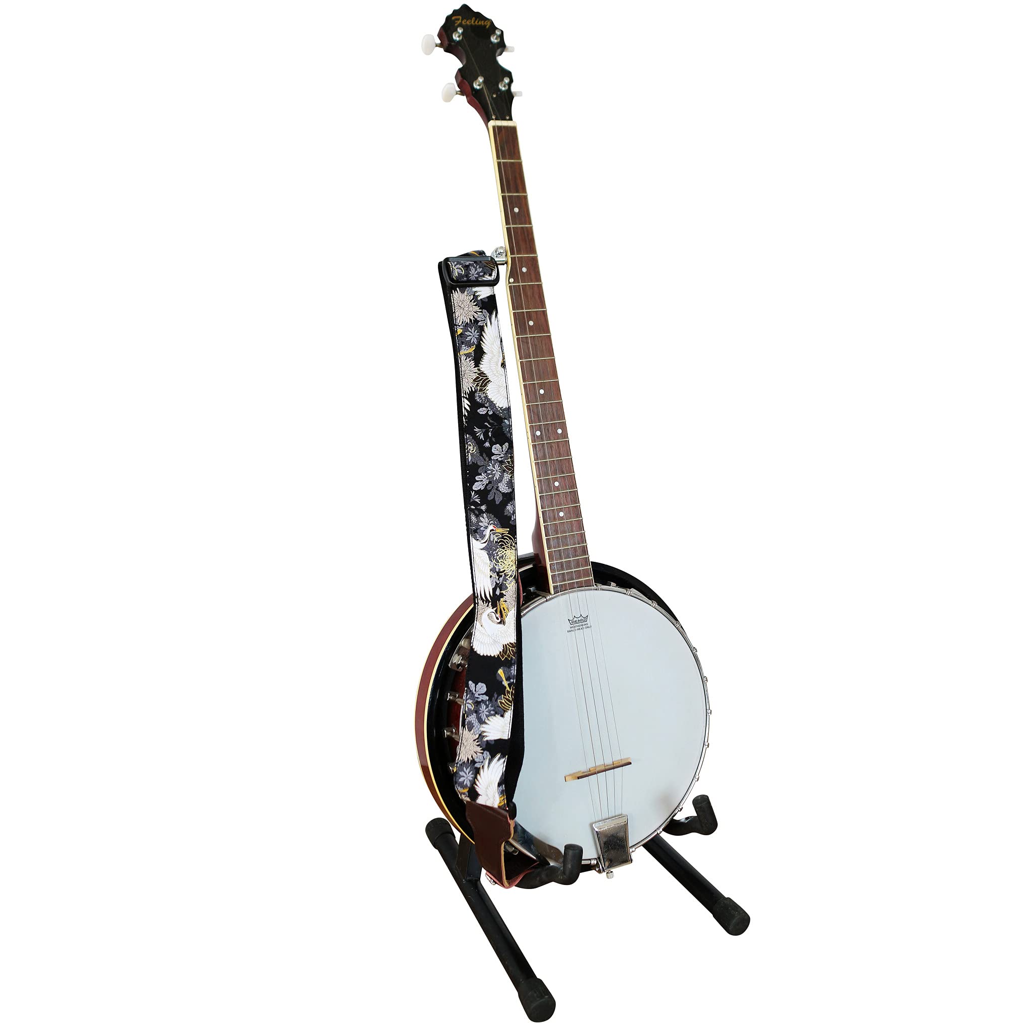 Music First, 2 Inch Width (5Cm), Padded, Vintage Ukiyoe Style''Chrysanthemum & Crane In Black'' Soft Muslin & Genuine Leather De