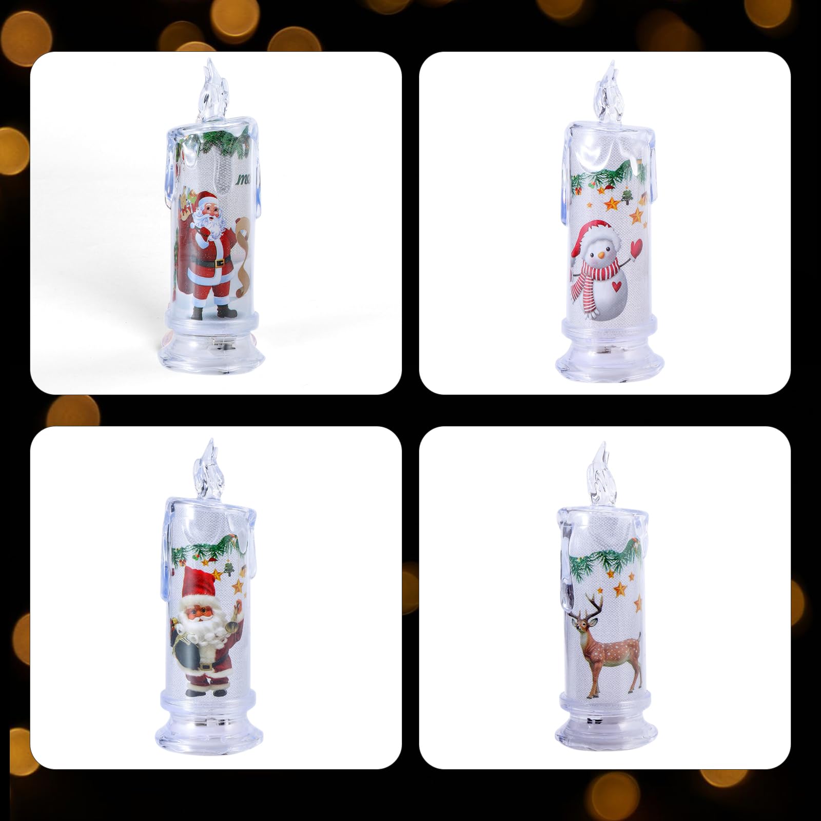 Supbri Christmas Flameless White Candles With Santa Claus, Snowman,Decals Set Of 4, Battery Operated Christmas Themed Led Pillar