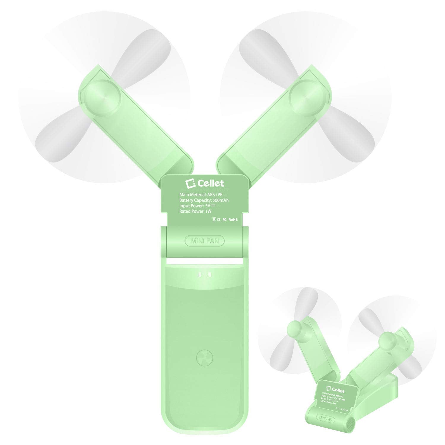 Cellet Foldable Portable Handheld Mini Fans Two Speed Air Cooling Usb Rechargeable (Green)