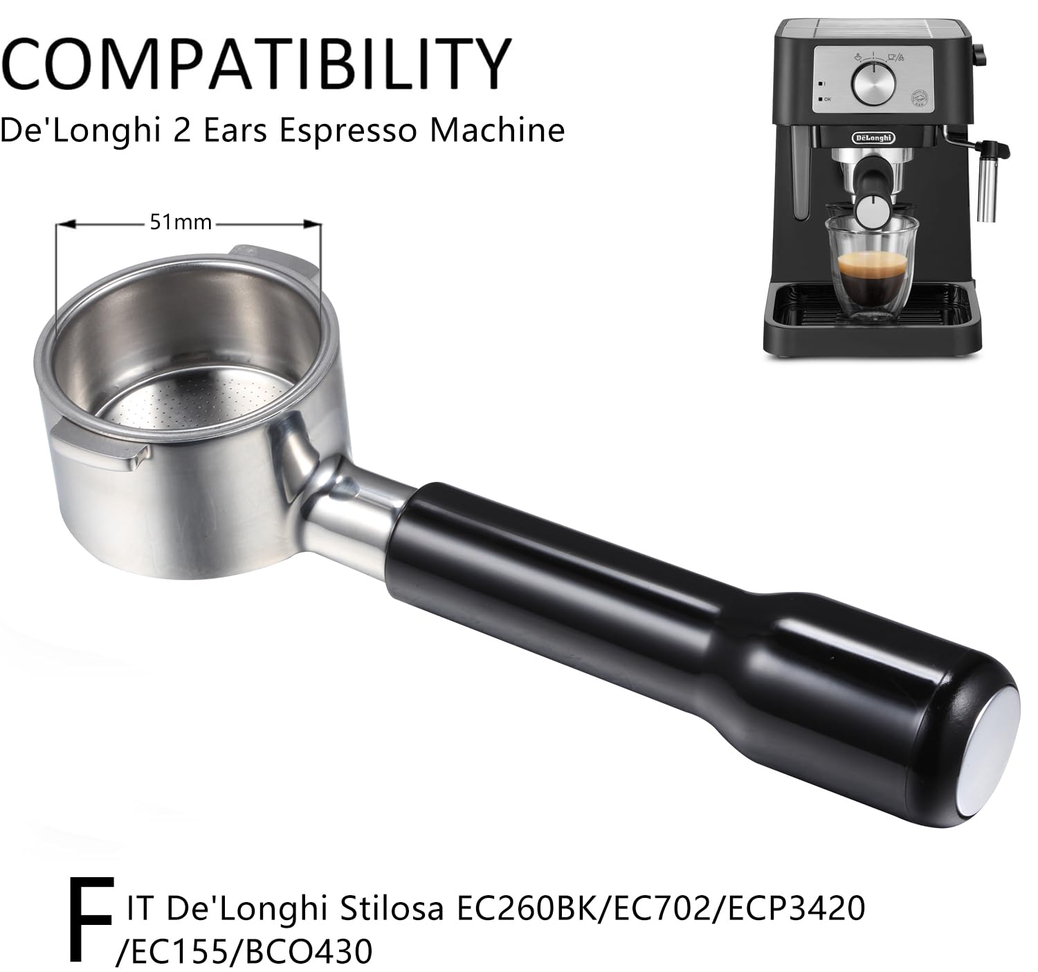 51Mm Portafilter For Delonghi Ecp3420/Ec155/Bco430/Ec260, 51Mm Bottomless Portafilter 2 Ears, Stainless Steel Replacement Parts