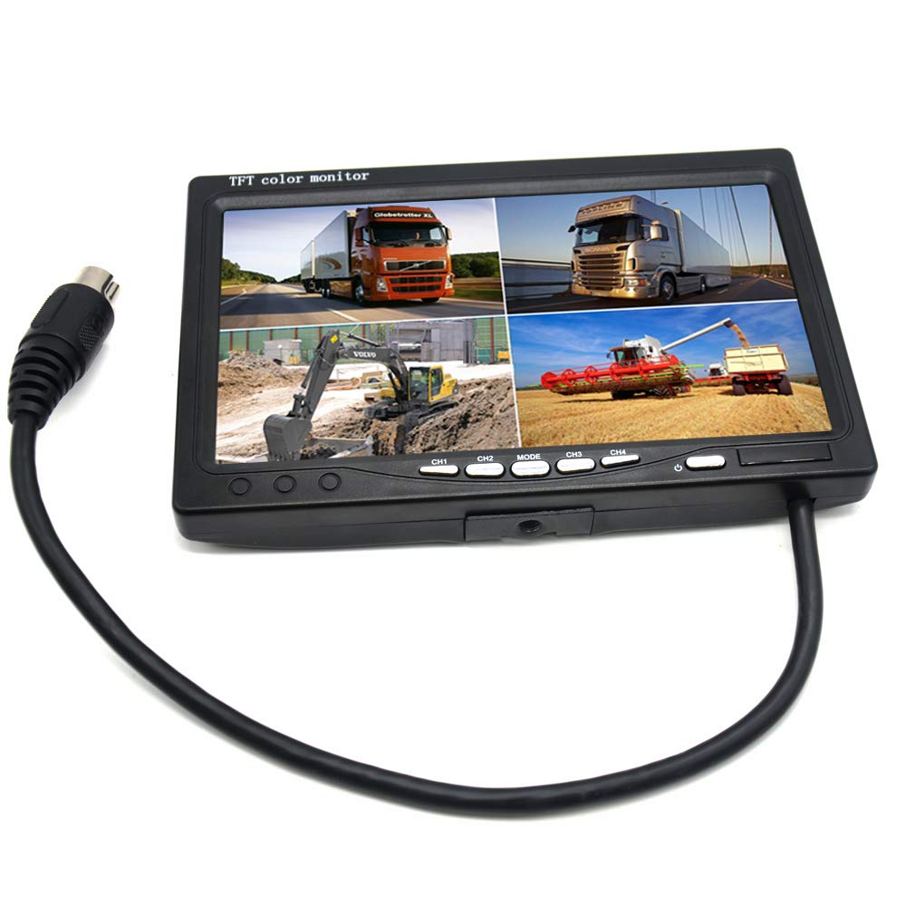 Padarsey 7'' Tft Lcd Car Rearview Quad Split Monitor,Remote Control, 4 Channels Rca Video Inputs(4 Pin Shockproof Connector)   1