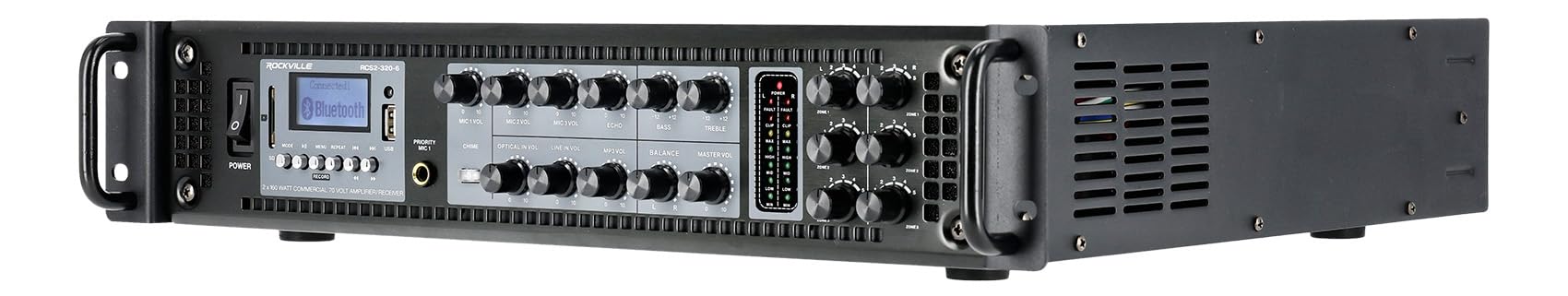 Rockville Rcs2 320 6 320W 6 Zone Stereo/Mono Commercial 70V Amplifier, Bluetooth, Usb/Sd, Optical Input, Perfect For Restaurants
