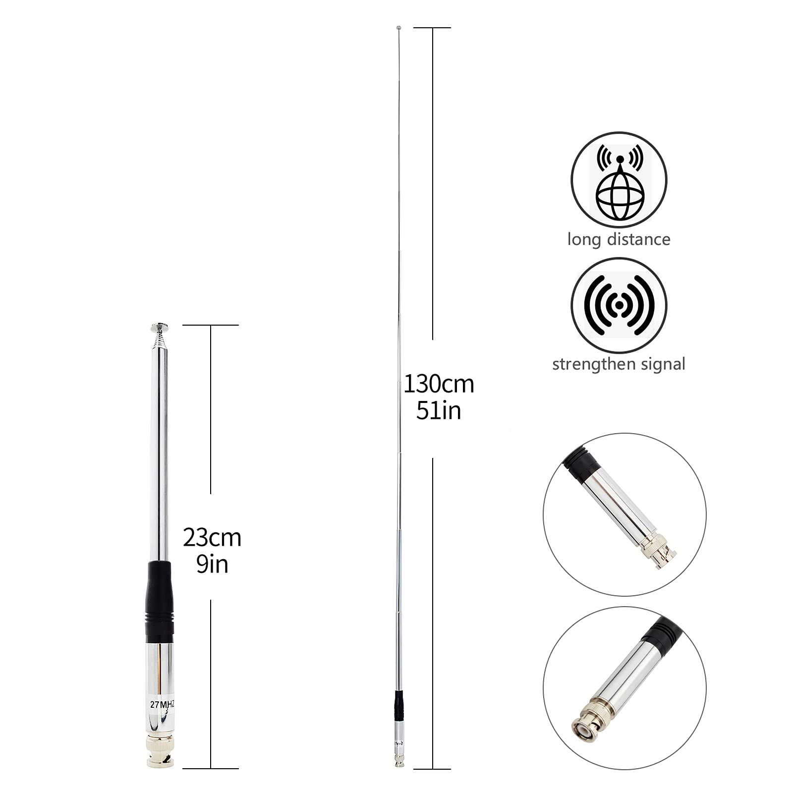 Hyshikra 27Mhz 11Meter 51Inches Bnc Telescopic Cb Antenna For Cobra Hh50Wxst Hh50 Mrhh350Flt C75Wxst Hh38Wxst Midland 75 822 75