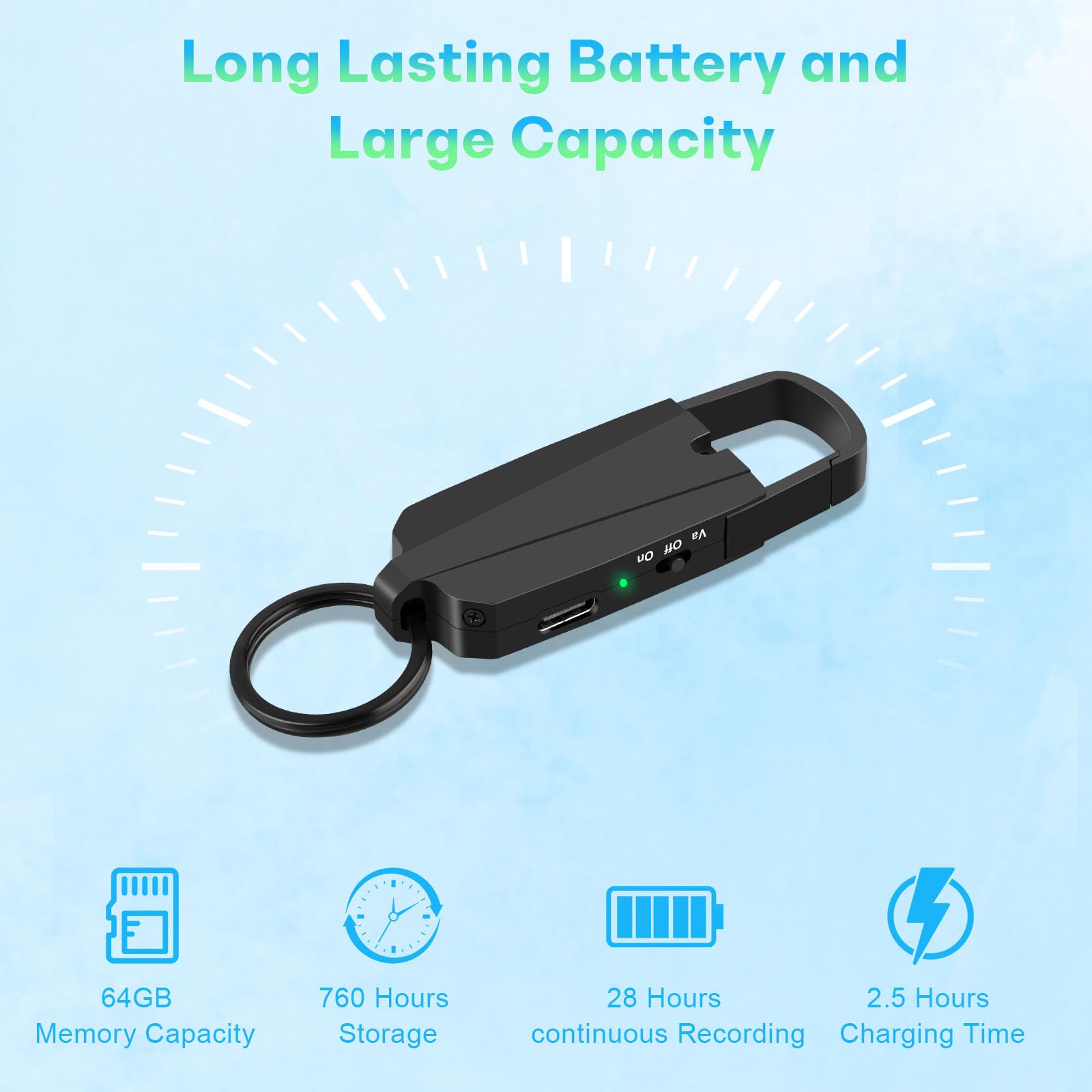 64Gb Digital Voice Recorder With Playback   Keychain Voice Activated Recorder Audio Recording Device   760 Hours Capacity For Le