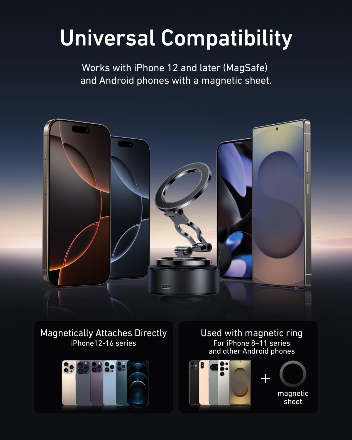 Telesin Electric Magsafe Car Mount Vacuum Magnetic Car Phone Holder 105N 360 Reinforced Adjustable Swivel Lock, Suction Cup Phon