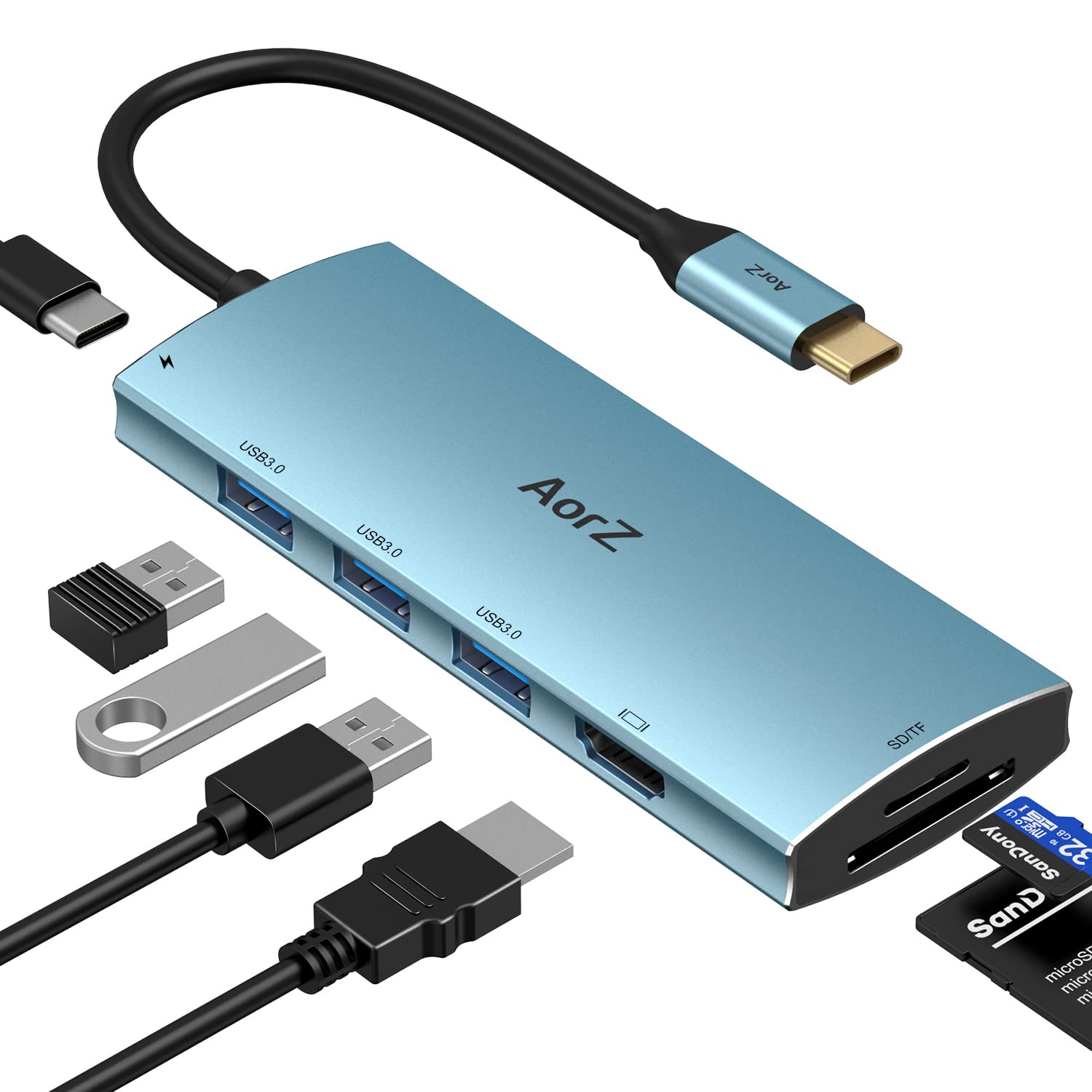 Usb C Hub, Usb Hub To Hdmi Multiport Aorz Usb C Dongle Adapter 7 In 1 With Hdmi Output, 3 Usb 3.0 Ports,Sd/Micro Sd Port,100W Pd Charging Port Usb C Hub (Light Blue)
