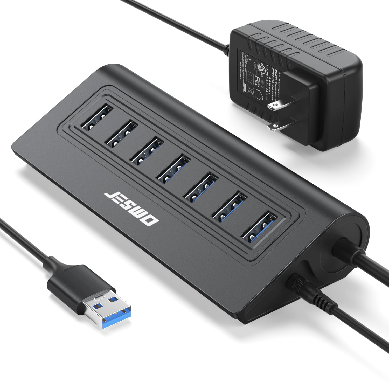 Powered USB Hub, JESWO 7Port USB 3.0 Hub, Aluminum USB Data Hub with 3.3ft Cable, USB Hub 3.0 Powered with 20W Power Adapter fo