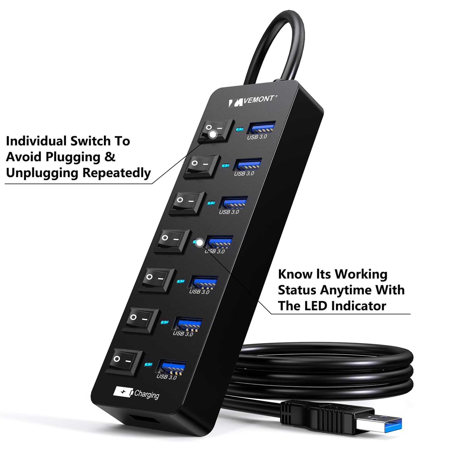 Powered Usb Hub 3.0,Vemont 7 Ports Multi Usb Hubs And 1 Usb Smart Charging Port With 5V/3A Power Supply,Usb Extension Splitter With Individual On/Off Switches And 4Ft/1.2M Long Cable For Pc/Laptop